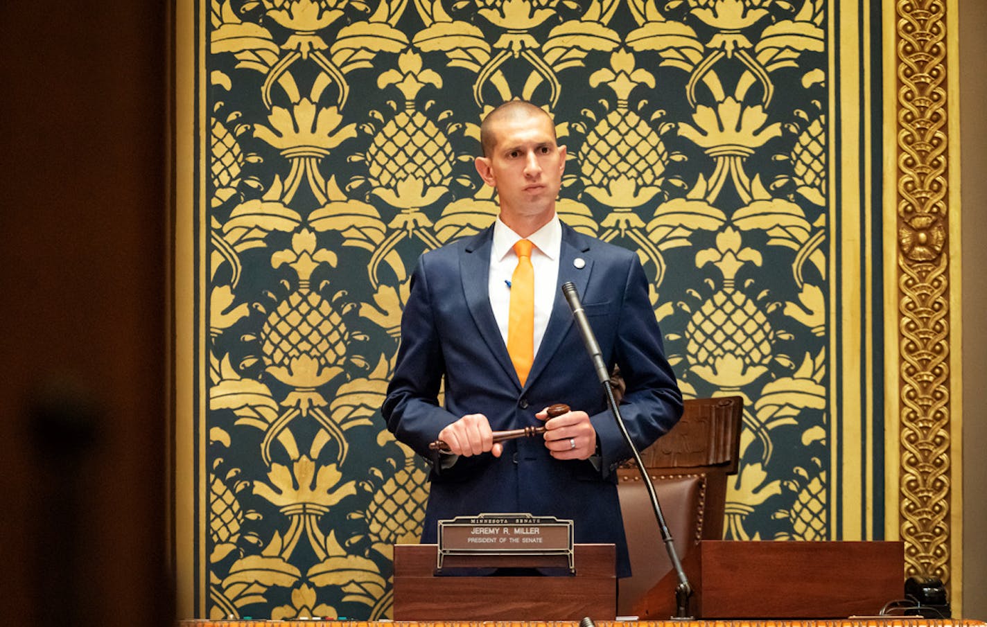 Senate President Jeremy Miller, R-Winona listens as Senate Minority Leader Susan Kent, DFL-Woodbury speaks on a COVID related bill on the Senate Floor. ] GLEN STUBBE • glen.stubbe@startribune.com Monday, May 11, 2020