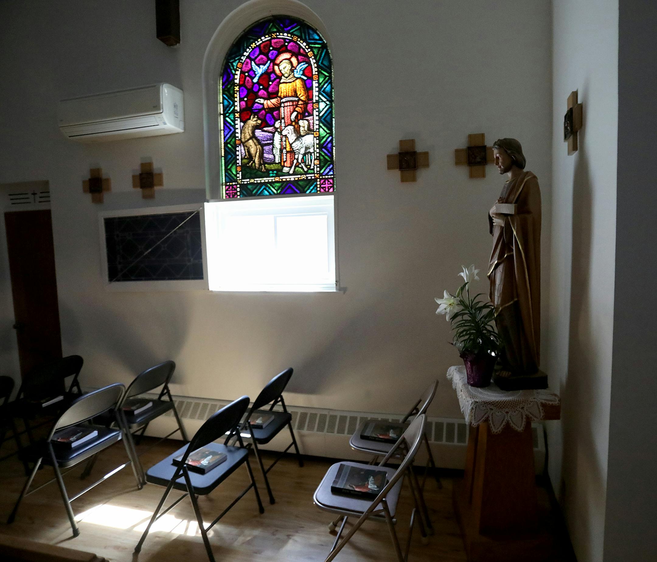 Inside the public's view of St. Clare's Monastery Chapel Thursday, April 16, 2020, in Sauk Rapids, MN.Poor Clare nuns of St. Clare's Monastery nuns met with journalists in the monastery's parlor, the one room where outsiders have partial access to the nuns in a room divided by a metal lattice with a folding wooden divider.
