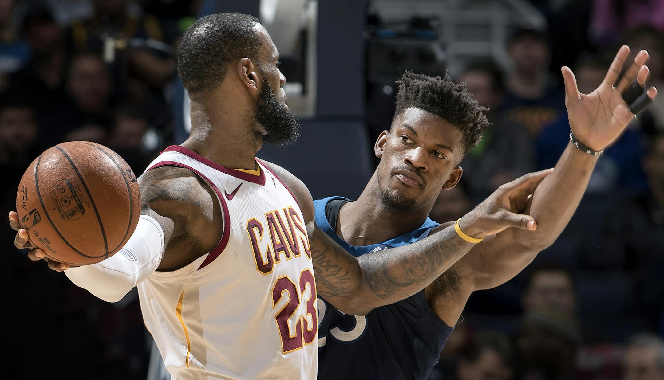 LeBron James (23) was defended by Jimmy Butler (23) in the first quarter. ] CARLOS GONZALEZ &#xef; cgonzalez@startribune.com - January 8, 2018, Minneapolis, MN, Target Center, NBA, Minnesota Timberwolves vs. Cleveland Cavaliers