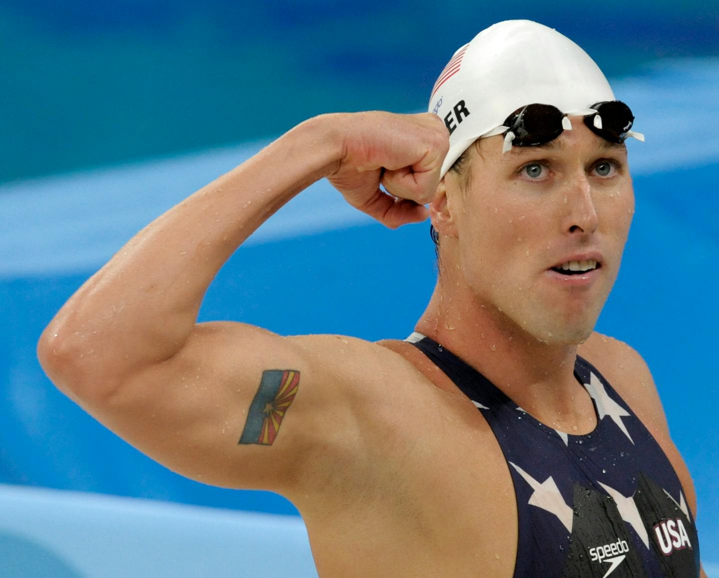 FILE - In this Tuesday, Aug. 12, 2008 file photo, United States' relay swimmer Klete Keller reacts after a men's 4x200-meter freestyle relay heat during the swimming competitions in the National Aquatics Center at the Beijing 2008 Olympics in Beijing. Five-time Olympic swimming medalist Klete Keller was charged Wednesday, Jan. 13, 2021 with participating in a deadly riot at the U.S. Capitol after video emerged that appeared to show him among those storming the building last week. (AP Photo/Thomas Kienzle, File)