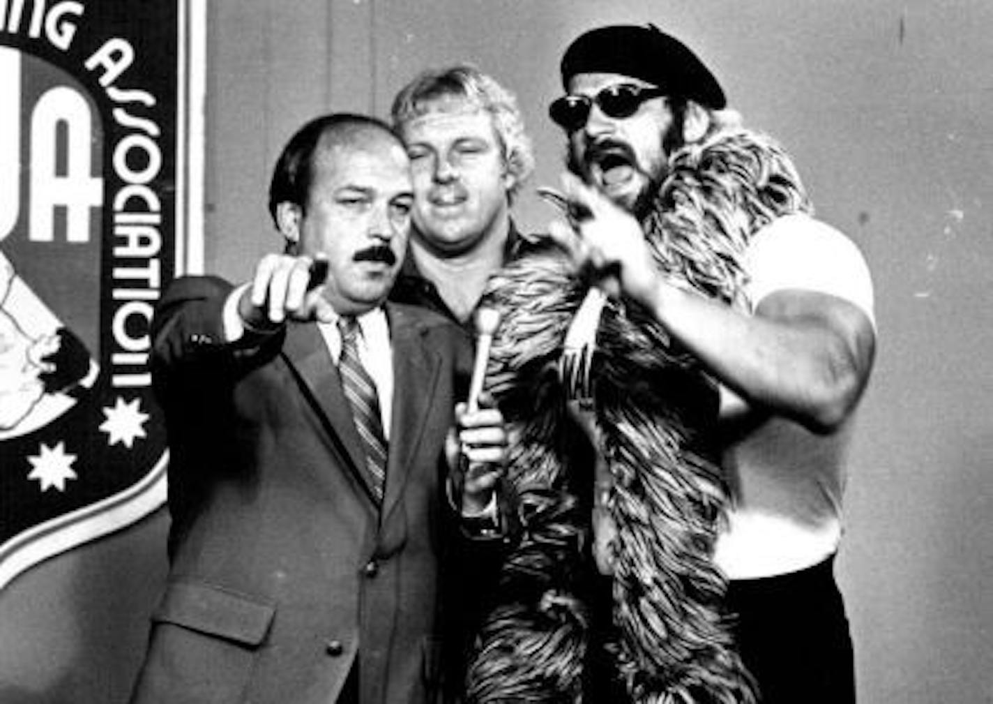 Interviewer Gene Okerlund jousted with Jesse "The Body" Ventura and his manager, Bobby "The Brain" Heenan in August 1982.