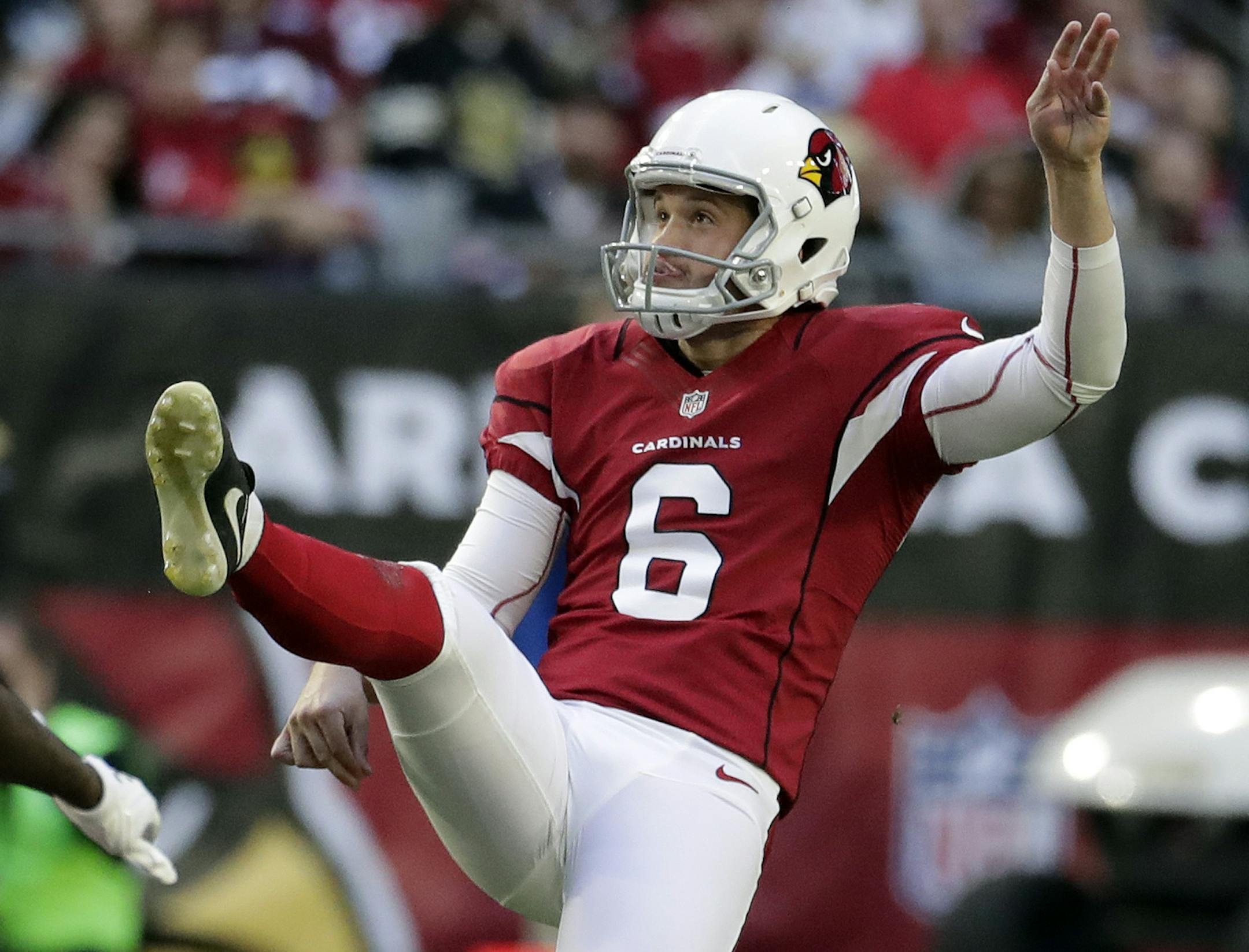 Arizona Cardinals punter Matt Wile (6) during the first half of an NFL football game against the New Orleans Saints, Sunday, Dec. 18, 2016, in Glendale, Ariz. (AP Photo/Rick Scuteri) ORG XMIT: AZMY