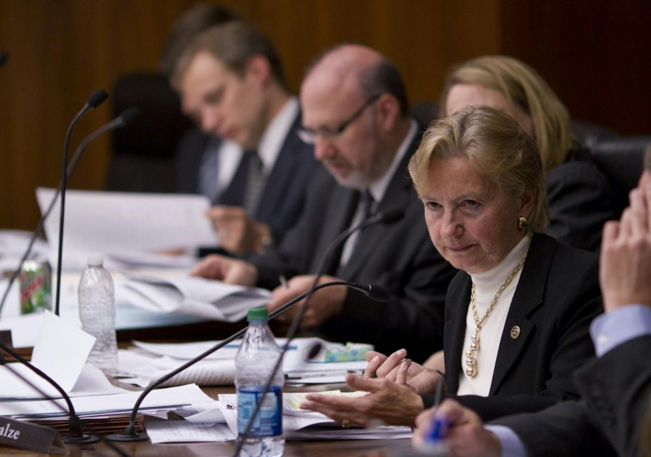 Rep. Bev Scalze, DFL-Little Canada, asked a question during the hearing Tuesday. She voted against the stadium bill, as did, from right, DFL Reps. Marion Greene, Frank Hornstein, Steve Simon and Ryan Winkler.