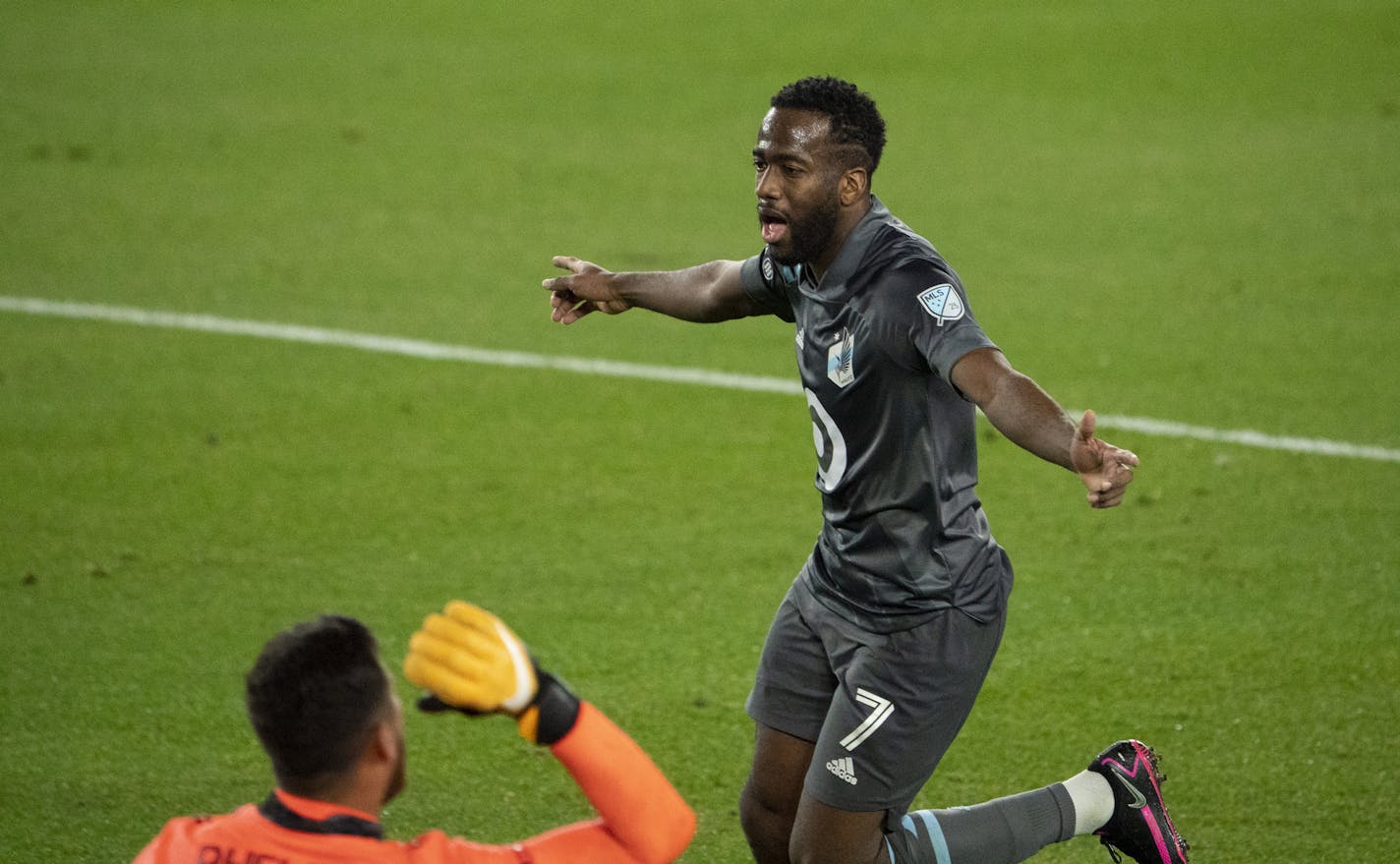 Minnesota United midfielder Kevin Molino (7) celebrtated his first half goal. ] JEFF WHEELER • jeff.wheeler@startribune.com The MN United FC faced the FC Dallas in their final MLS soccer match of the regular season Sunday night, November 8, 2020 at Allianz Field in St. Paul.