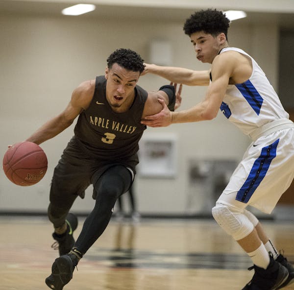Apple Valley's Tre Jones and Eastview's Izaak Raspberry battled on the court during the first half of the boys' basketball Class 4A, Section 3 final a