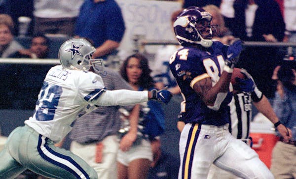 Vikings wide receiver Randy Moss scored on three long touchdown receptions against Dallas in a 46-36 Minnesota victory on Thanksgiving, 1998.