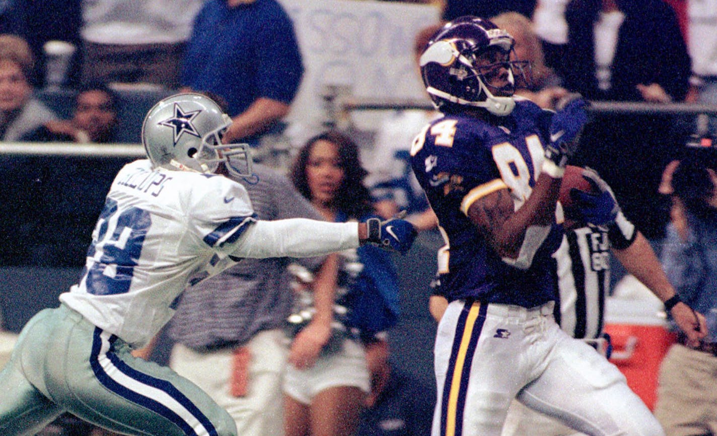 Vikings wide receiver Randy Moss scored on three long touchdown receptions against Dallas in a 46-36 Minnesota victory on Thanksgiving, 1998.