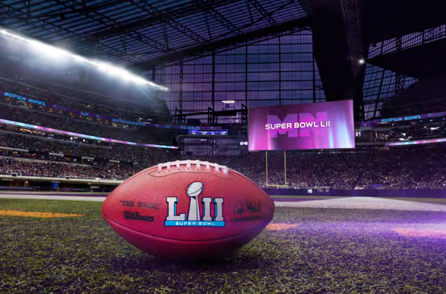 This football on the field is from the Super Bowl LII.