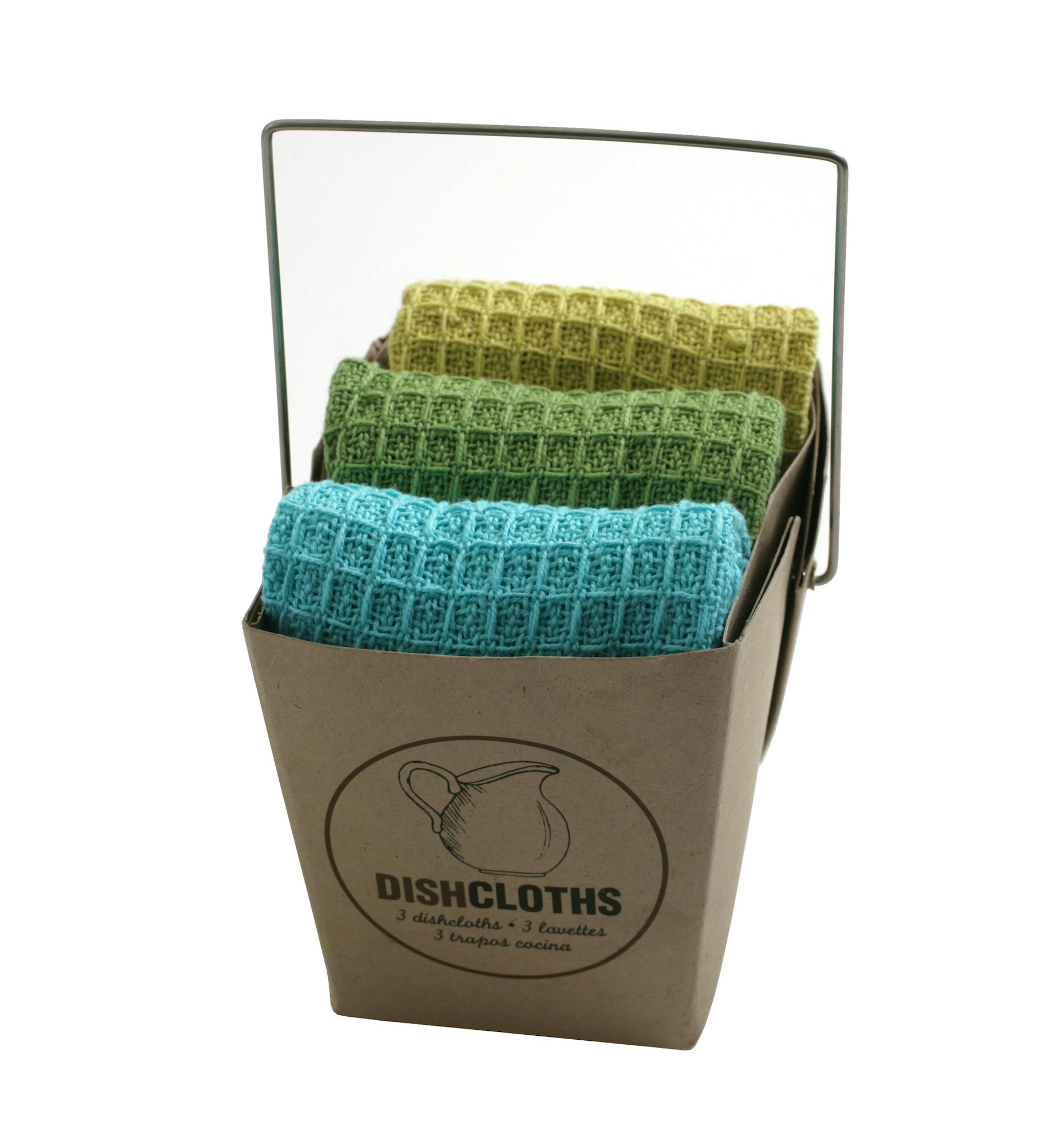 Boxed dishcloths in aqua, citron and lime