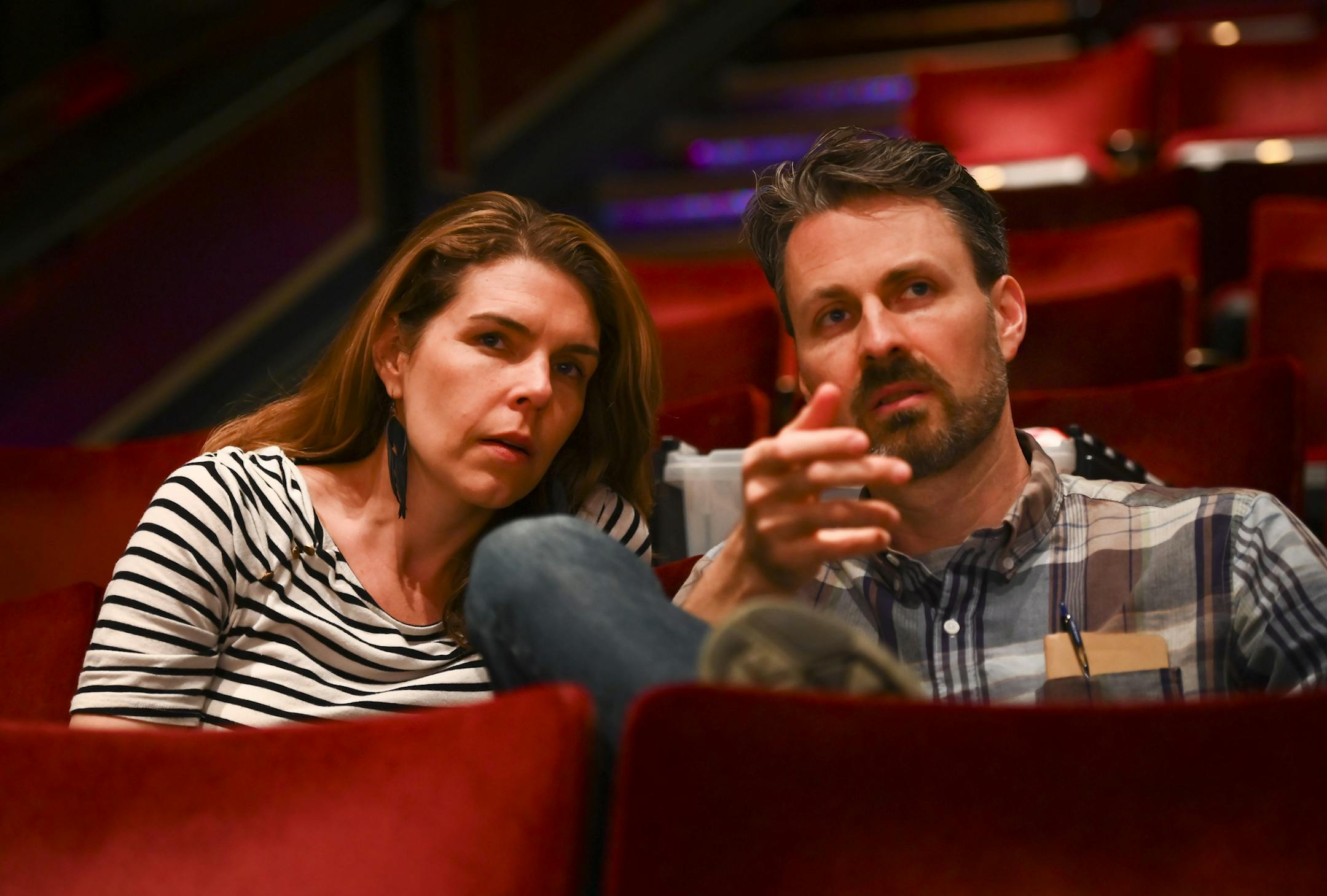 Director Sarah Rasmussen and her husband and playwright Josh Tobiessen talked things over during a rehearsal for "Stinkers" Thursday afternoon. ] Aaron Lavinsky ¥ aaron.lavinsky@startribune.com Director Sarah Rasmussen, her husband and playwright Josh Tobiessen and lead actor Sally Wingert held a rehearsal for "Stinkers" at the Jungle Theater on Thursday, July 11, 2019 in Minneapolis, MInn.