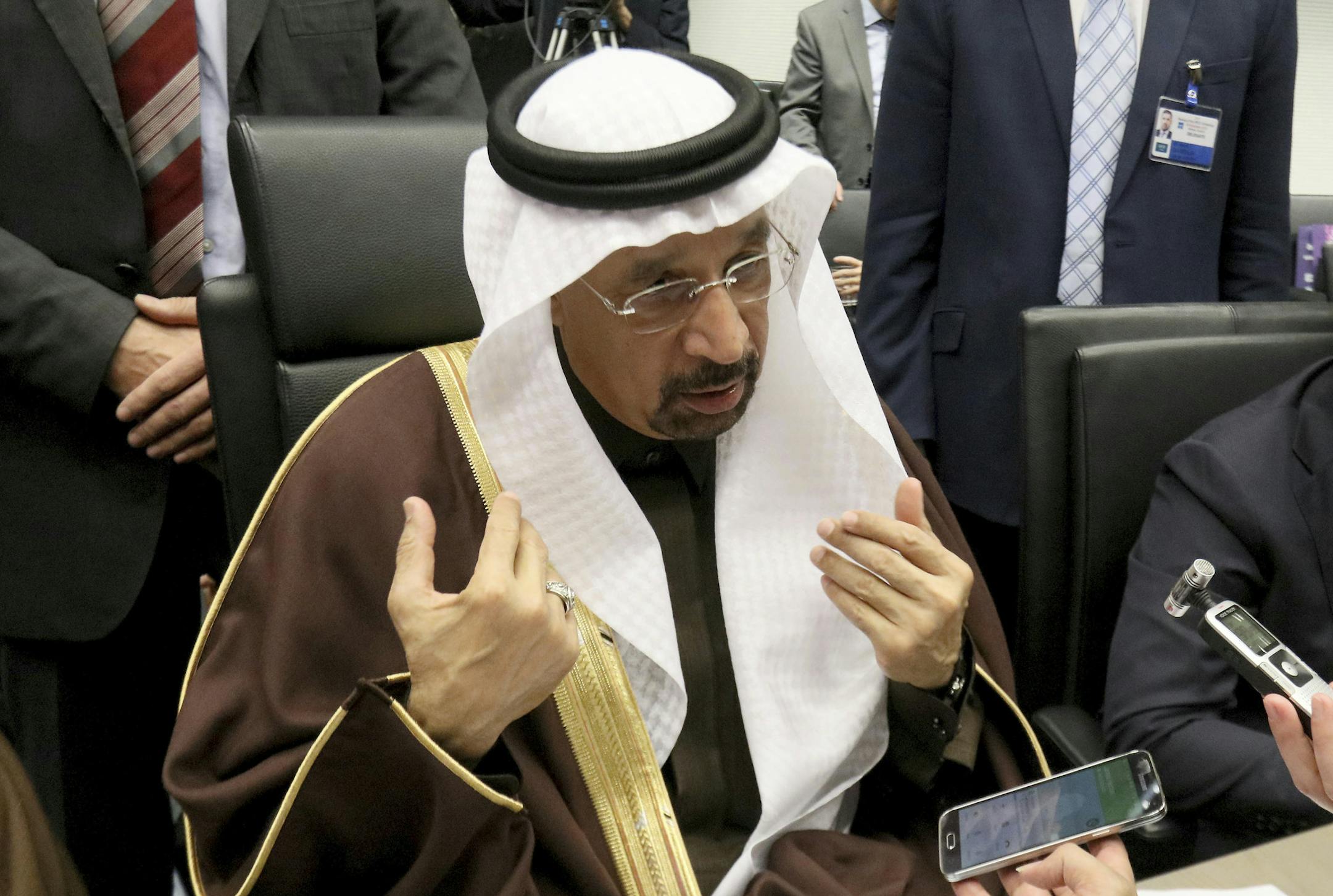 Khalid Al-Falih Minister of Energy, Industry and Mineral Resources of Saudi Arabia speaks to journalists prior to the start of a meeting of the Organization of the Petroleum Exporting Countries, OPEC, at their headquarters in Vienna, Austria, Wednesday, Nov. 30, 2016. (AP Photo/Ronald Zak)