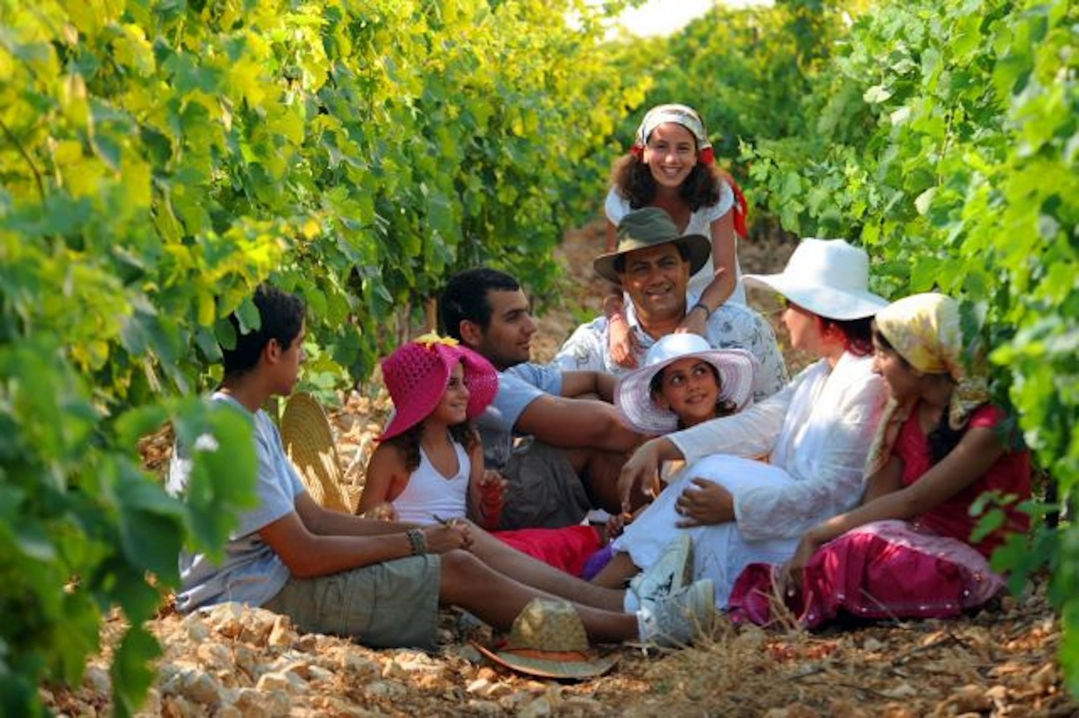 The Hark family in their Batroun Mountains vineyard in Lebanon at harvest time, from left: Joseph, Yara, Jacob, Assaad, Hala (top), Mira, Katy and Rita.