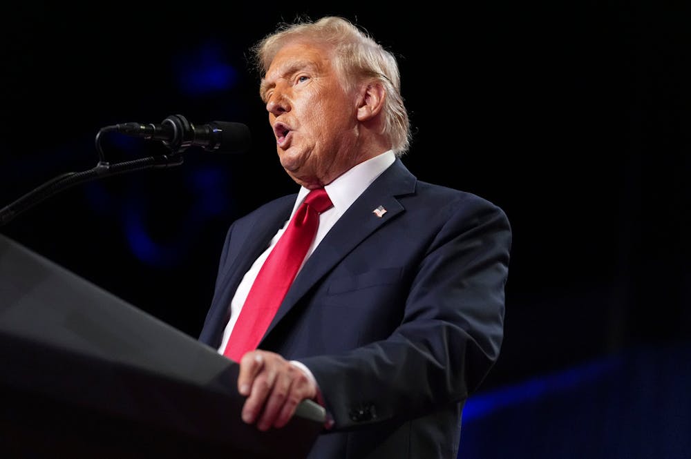 Republican presidential candidate Donald Trump addresses the crowd during an election night party at the Palm Beach County Convention Center in West Palm Beach, Florida on Nov. 6, 2024.