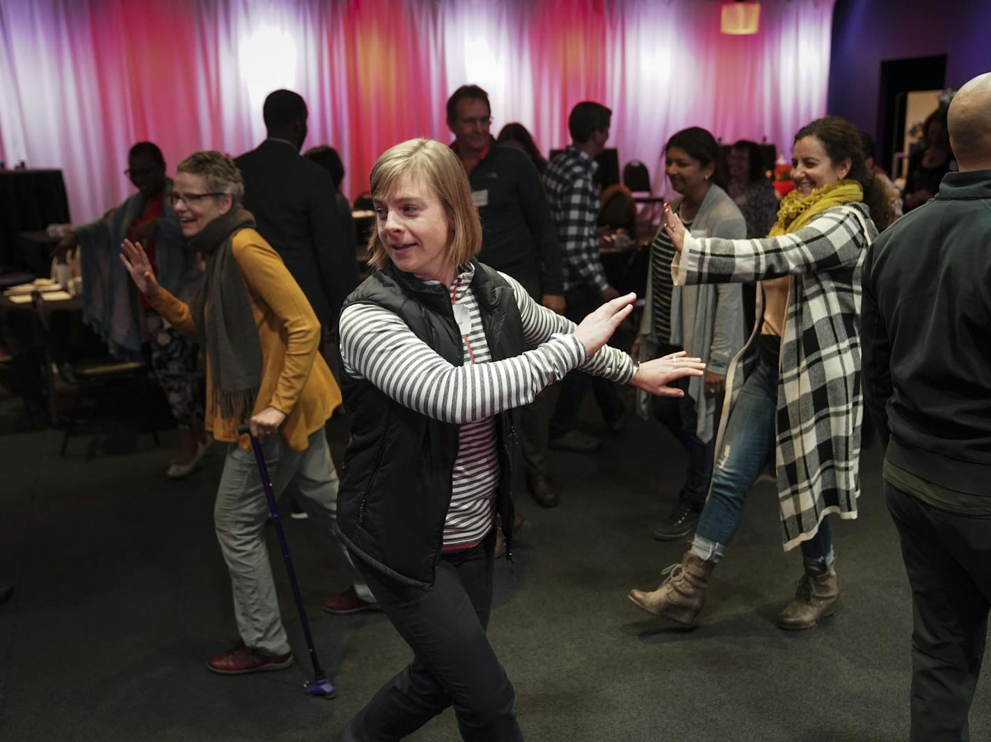 Physician assistant Elise Haupt walked in slow motion as part of an exercise in tuning into your own self to be better at being empathetic at the Brave New Workshop in Minneapolis, Minn., on Monday, November 11, 2019. ] RENEE JONES SCHNEIDER &#xa5; renee.jones@startribune.com Doctors took part in some improv sessions at Brave New Workshop Monday, Nov. 11, as part of a HealthPartners program to teach them better communication skills and stress management.