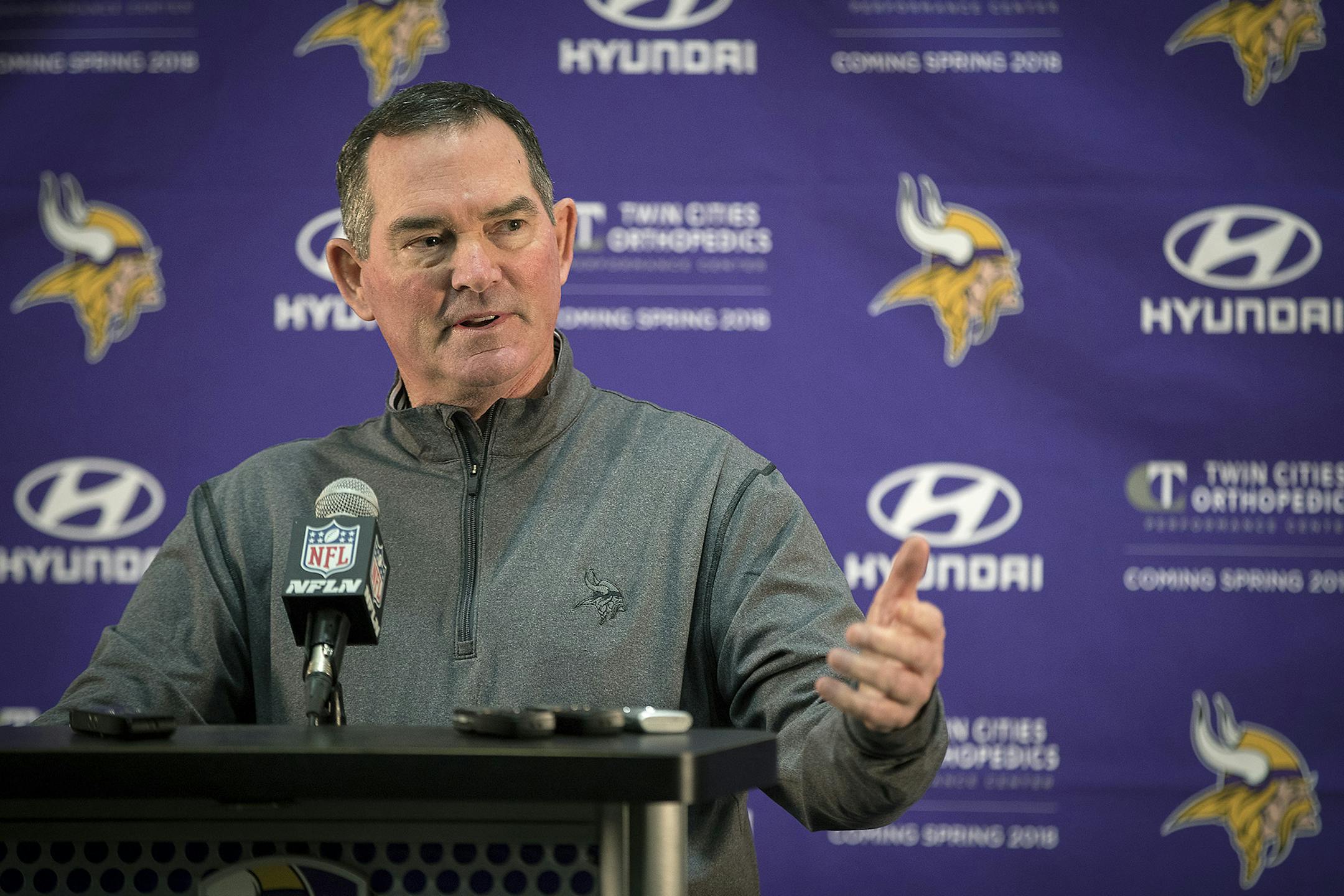 Minnesota Vikings Head Coach Mike Zimmer addressed the media during a season-ending press conference at Winter Park, Tuesday, January 23, 2018 in Eden Prairie, MN. ] ELIZABETH FLORES ï liz.flores@startribune.com