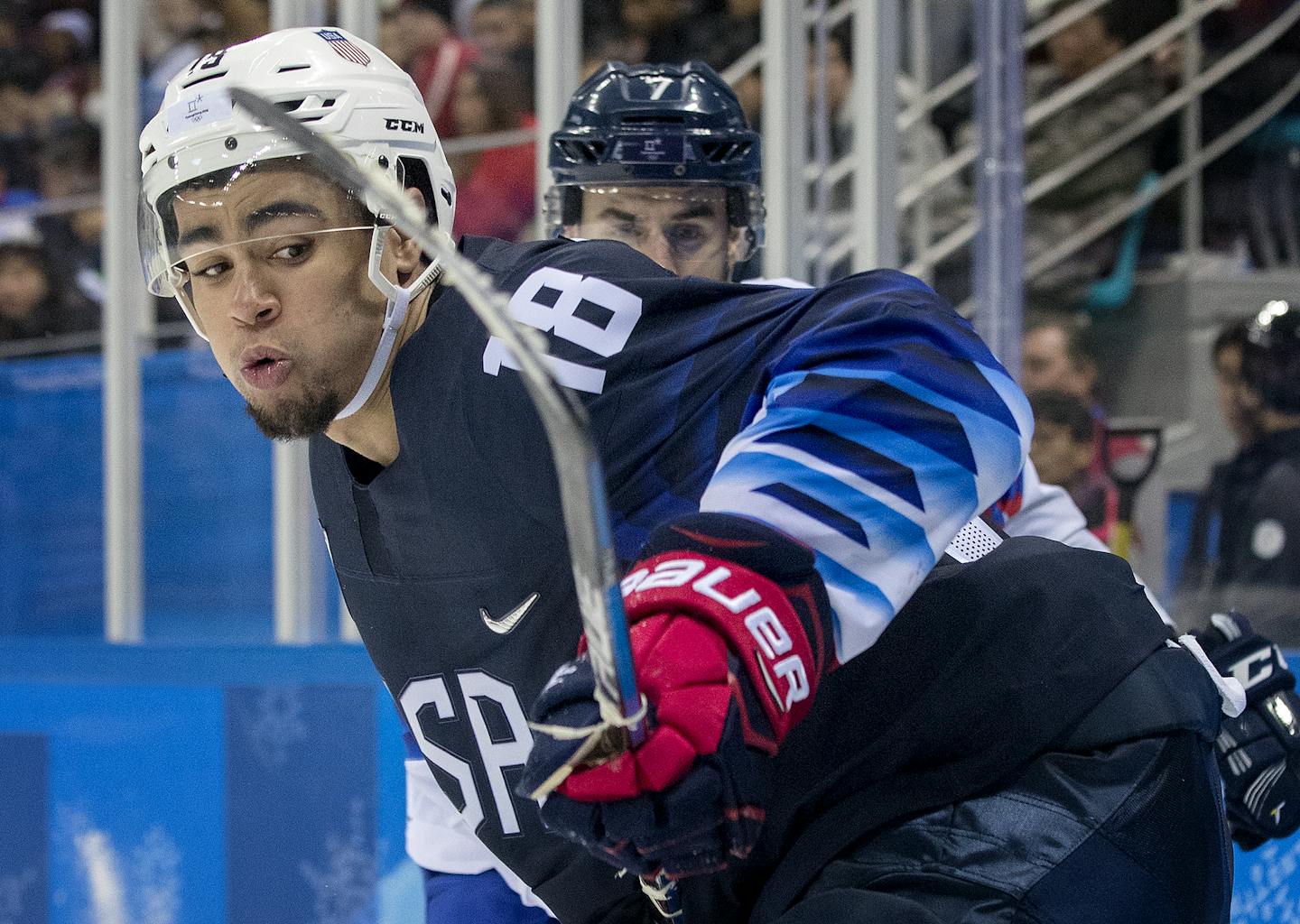 Jordan Greenway (18) chased the puck in the third period. ] CARLOS GONZALEZ &#xef; cgonzalez@startribune.com - February 16, 2018, South Korea, 2018 Pyeongchang Winter Olympics, Biathlon - Gangneung Hockey Centre, USA vs. Slovakia