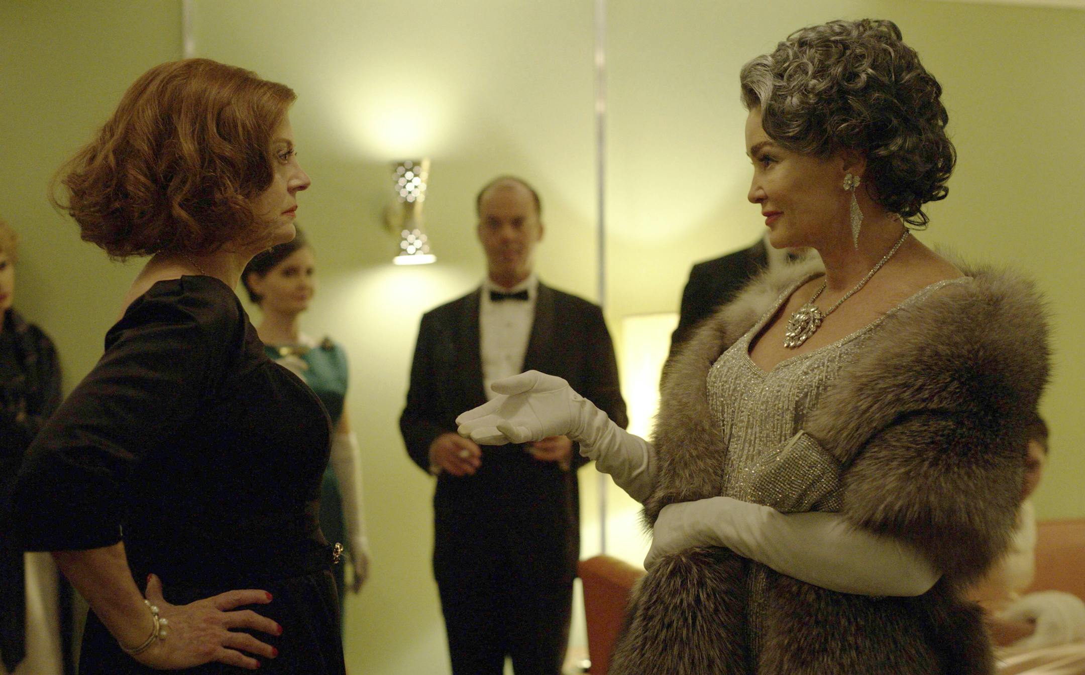 This image released by FX shows Susan Sarandon as Bette Davis, left, and Jessica Lange as Joan Crawford in a scene from, "Feud: Bette and Joan," premiering on FX Sunday at 10 p.m. EST. (Suzanne Tenner/FX via AP)