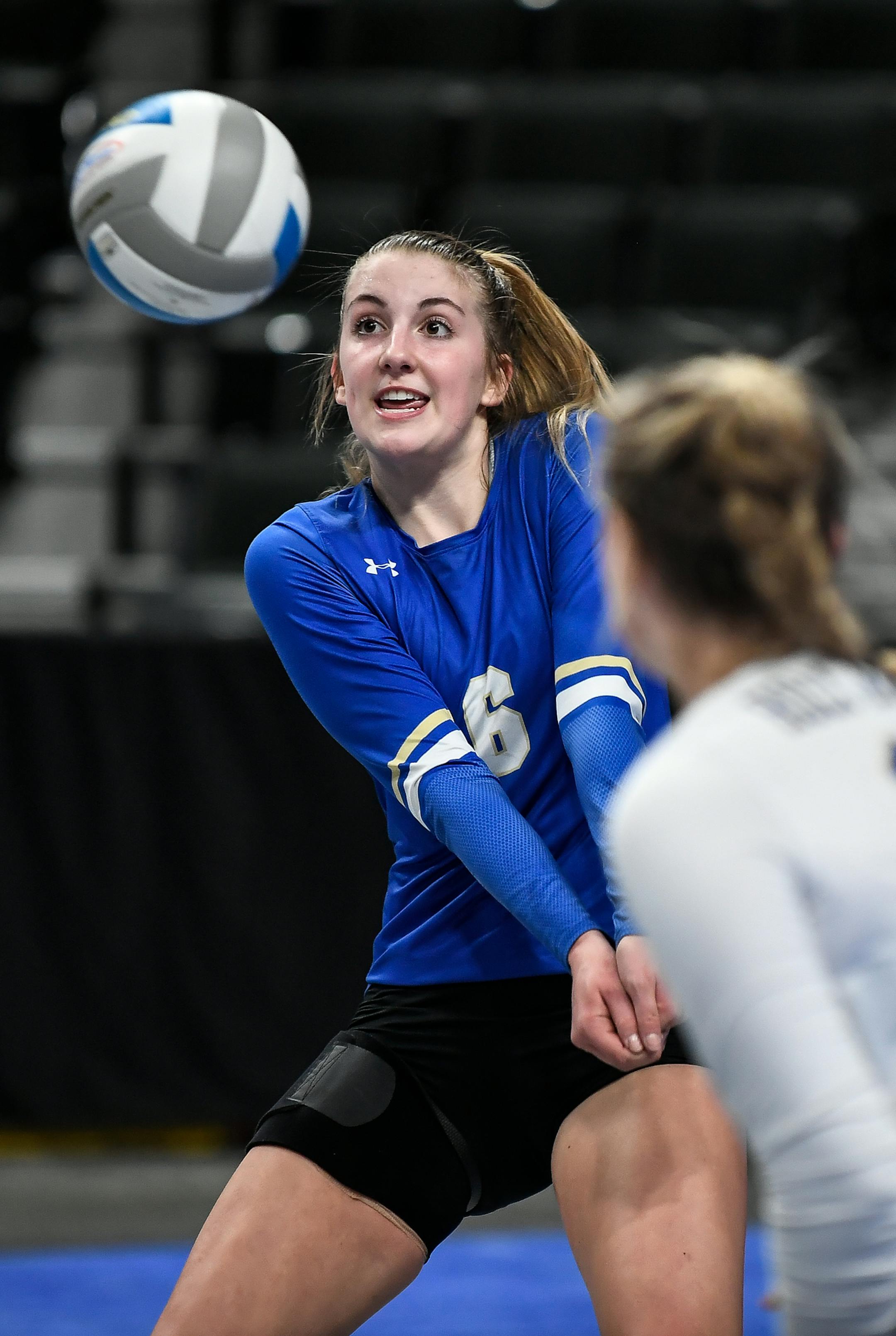 Lauren Link (6) of Academy of Holy Angels bumped the ball in the fourth set against Kasson-Mantorville High School. ] AARON LAVINSKY ï aaron.lavinsky@startribune.com Maple Lake played Kenyon-Wanamingo and Holy Angels played Kasson-Mantorville in the Class 2A quarterfinals of the high school state tournament on Thursday, Nov. 9, 2017 at Xcel Energy Center in St. Paul, Minn.