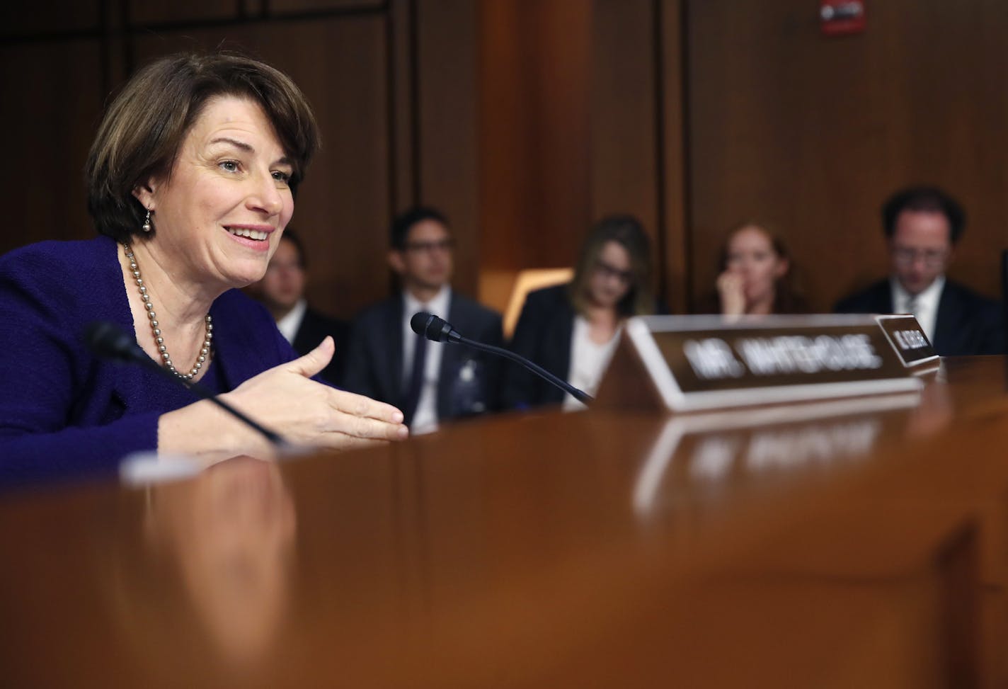 Sen. Amy Klobuchar, D-Minn., questions President Donald Trump's Supreme Court nominee, Brett Kavanaugh as he testifies before the Senate Judiciary Committee on Capitol Hill in Washington, Thursday, Sept. 6, 2018, for the third day of his confirmation hearing to replace retired Justice Anthony Kennedy. (AP Photo/Alex Brandon)