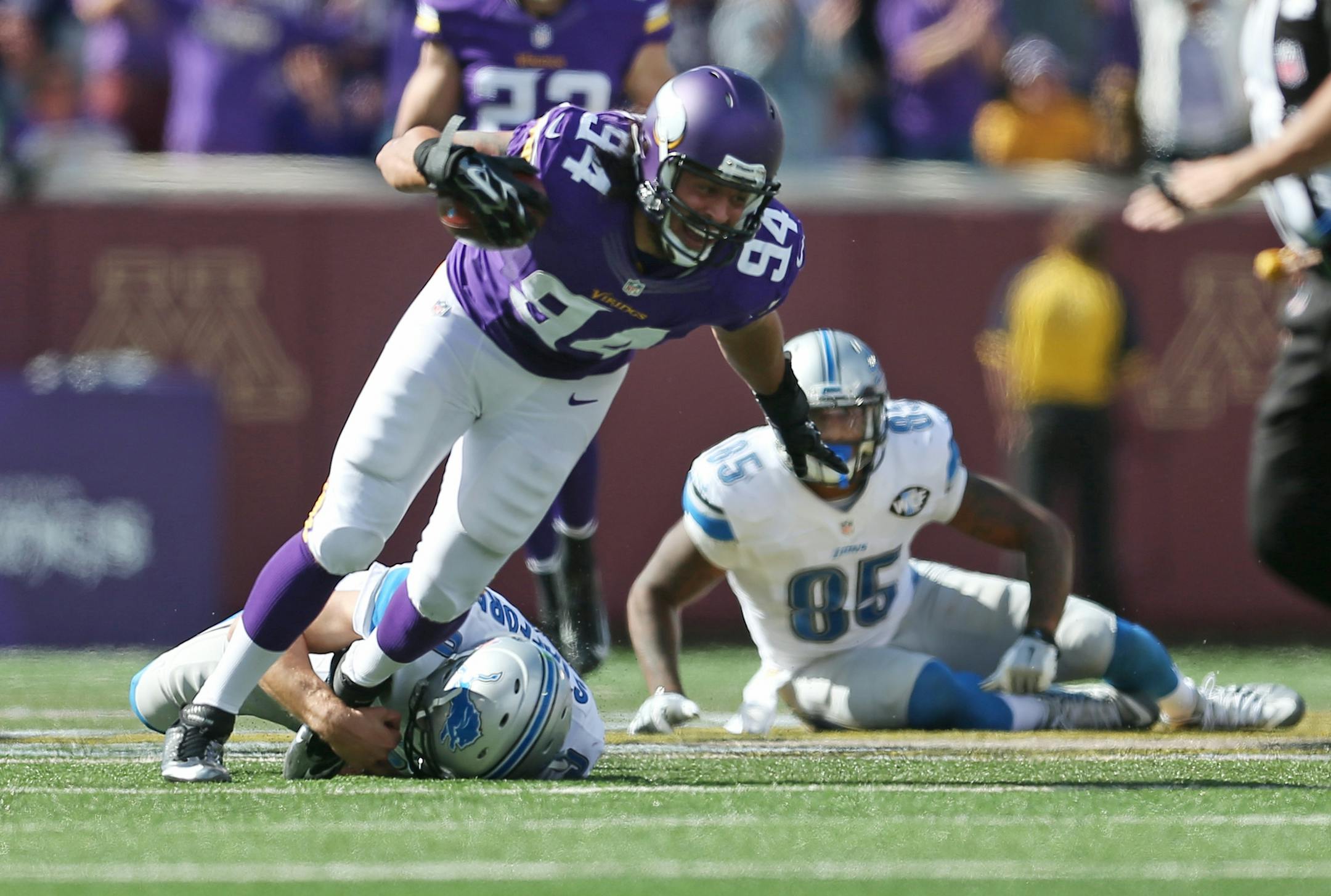 Lions quarterback Matthew Stafford made a shoestring tackle on Vikings defensive end Justin Trattou after he intercepted Stafford's pass in the forth quarter at TCF Bank Stadium on Sept. 20.