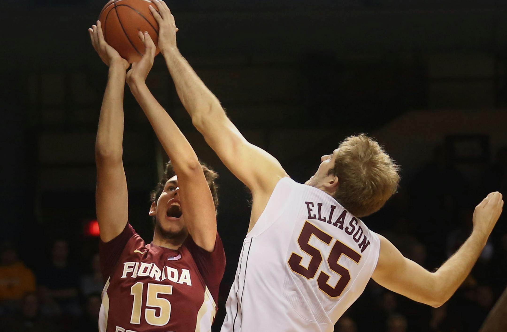 Elliott Eliason blocked the shot of Florida State's Boris Bojanovsky.