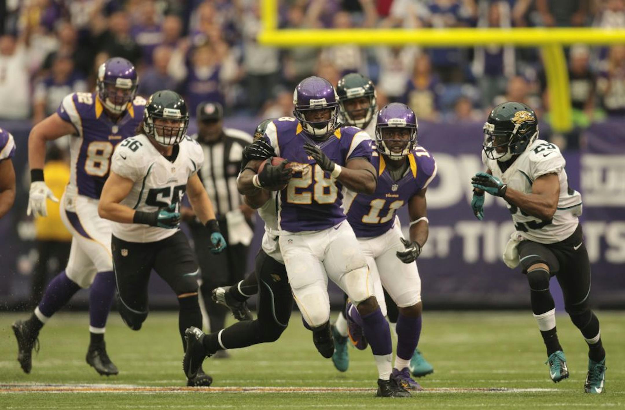Adrian Peterson helped set up the winning field goal with a 20-yard breakout run in the overtime period Sunday afternoon.