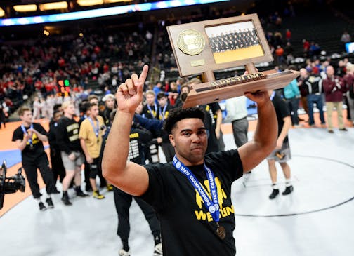 Apple Valley's Gable Steveson (shown celebrating with the Class 3A wrestling team championship trophy in March) won a gold medal at wrestling's junior world championships in Tampere, Finland. ] AARON LAVINSKY � aaron.lavinsky@startribune.com The Class 1A, 2A and 3A state wrestling team championships were held Thursday, March 2, 2017 at Xcel Energy Center in St. Paul, Minn.