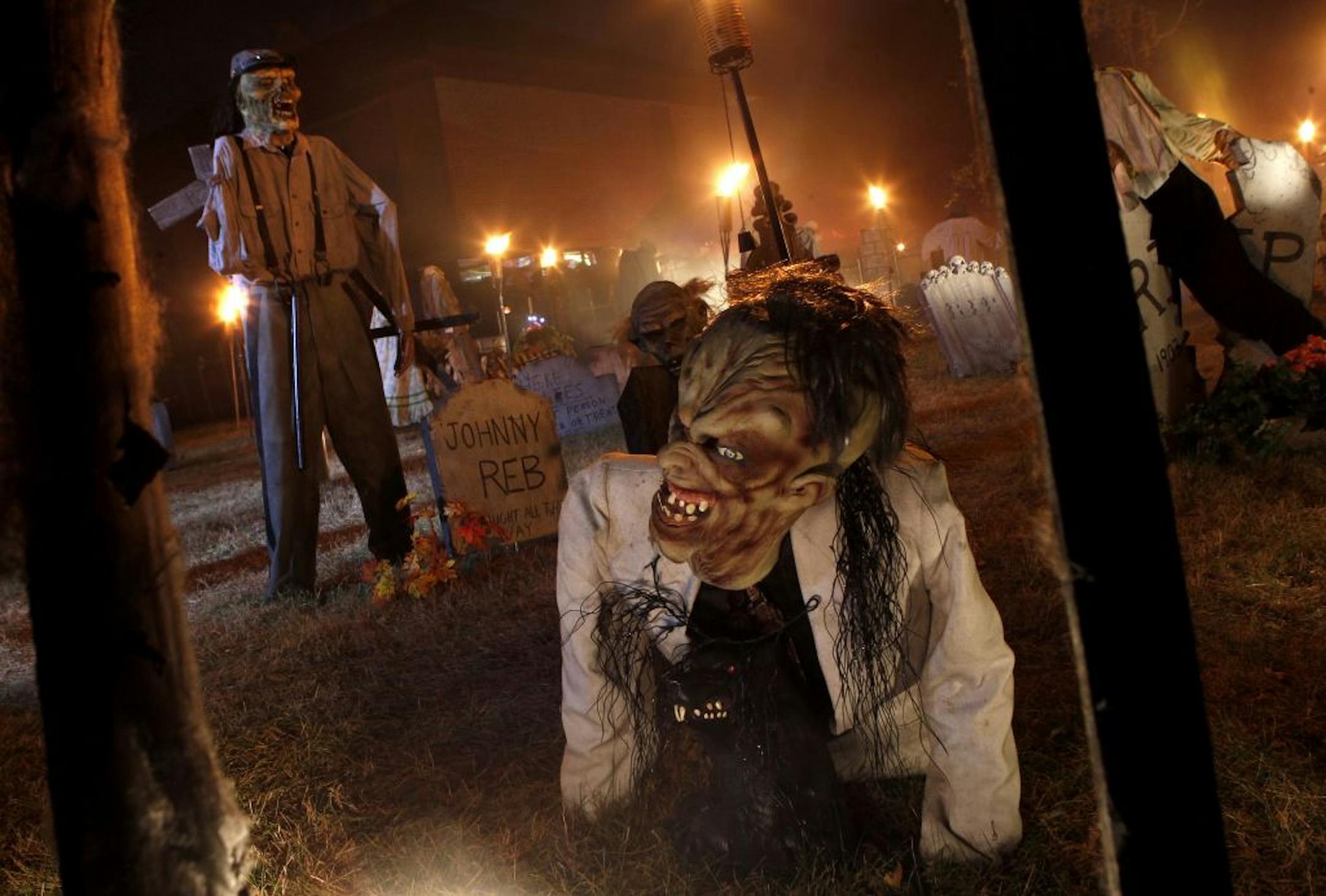 The cemetary has them crawlin'. Halloween brings to Cottage Grove, 8839 96th St. South, The Deadview Cemetary, a haunted maze of attractions put together by a large group of volunteers, land use was given by the union hall plus many other sponsors. Tom Parenteau helps coordinate the effort over the season with the help of many. and a portion the money raised will go to benefit the, Friends in Need, an East Metro Suburban Food Shelf. [ TOM WALLACE • twallace@startribune.com _ Assignment _#2002038