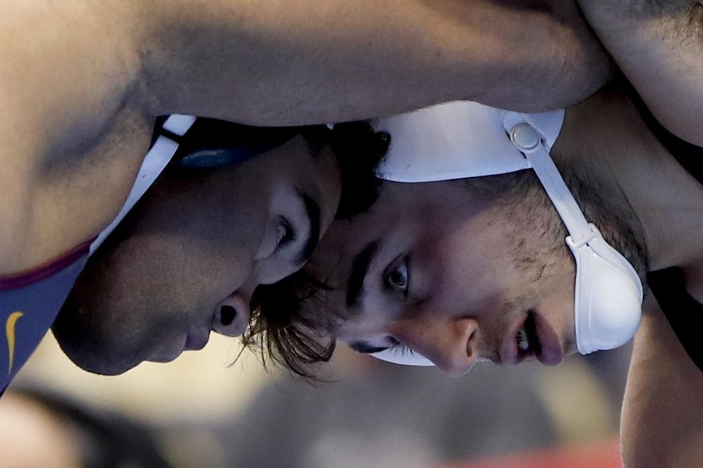 Penn State's Anthony Cassar, right, and Minnesota's Gable Steveson tangle during their 285 pound match in the semifinals of the NCAA wrestling championships, Friday, March 22, 2019, in Pittsburgh. Cassar won and will face Oklahoma State's Derek White in the finals Saturday.