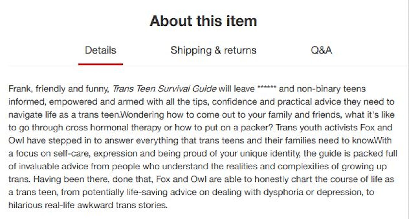 Here's an example of how certain words are omitted from book descriptions on Target.com.