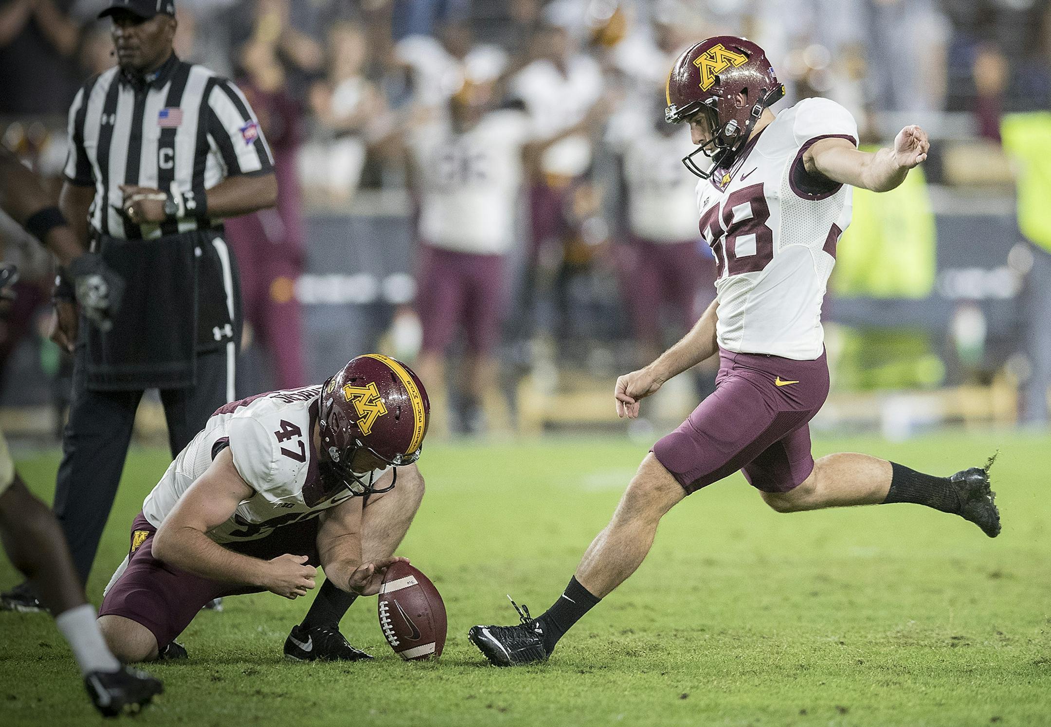 Minnesota's place kicker Emmit Carpenter kicked a field goal during the fourth quarter the Gophers took on Purdue at Ross�Ade Stadium, Saturday, October 7, 2017 in West Lafayette, IN.