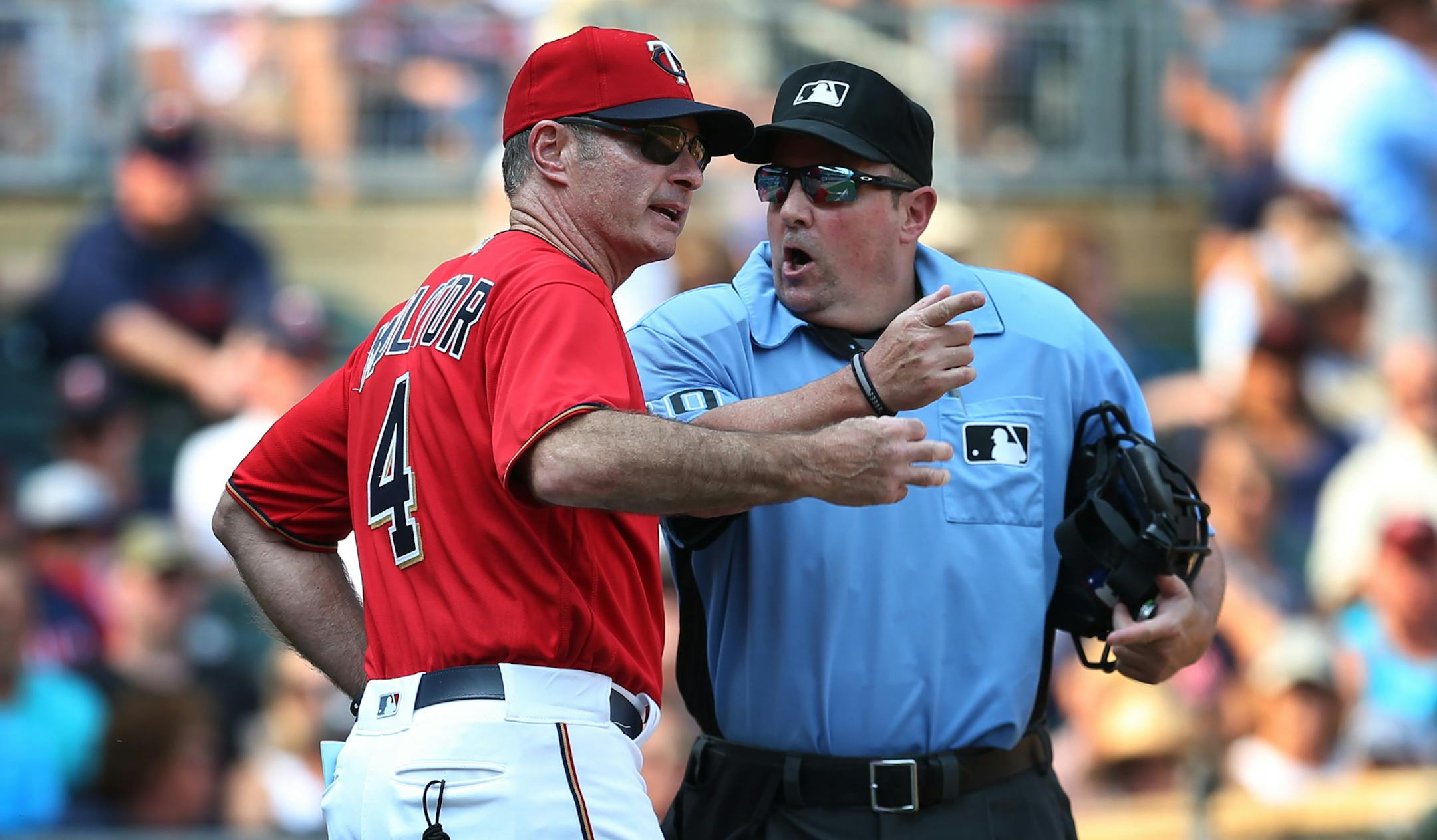 Minnesota Twins manager Paul Molitor (4) was ejected by home plate umpire Marty Foster in the seventh inning for arguing a checking swing call on Kansas City Royals center fielder Lorenzo Cain at Target Field Sunday September 3,2017 in Minneapolis, MN. ] Kansas City beat Minnesota 5-4. JERRY HOLT ï jerry.holt@startribune.com