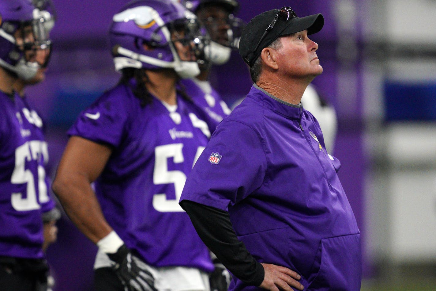 Vikings head coach Mike Zimmer watched his team work out during Tuesday's mandatory minicamp. ] ANTHONY SOUFFLE • anthony.souffle@startribune.com The Minnesota Vikings held a mandatory minicamp indoors Tuesday, June 11, 2019 at the TCO Performance Center in Eagan, Minn.