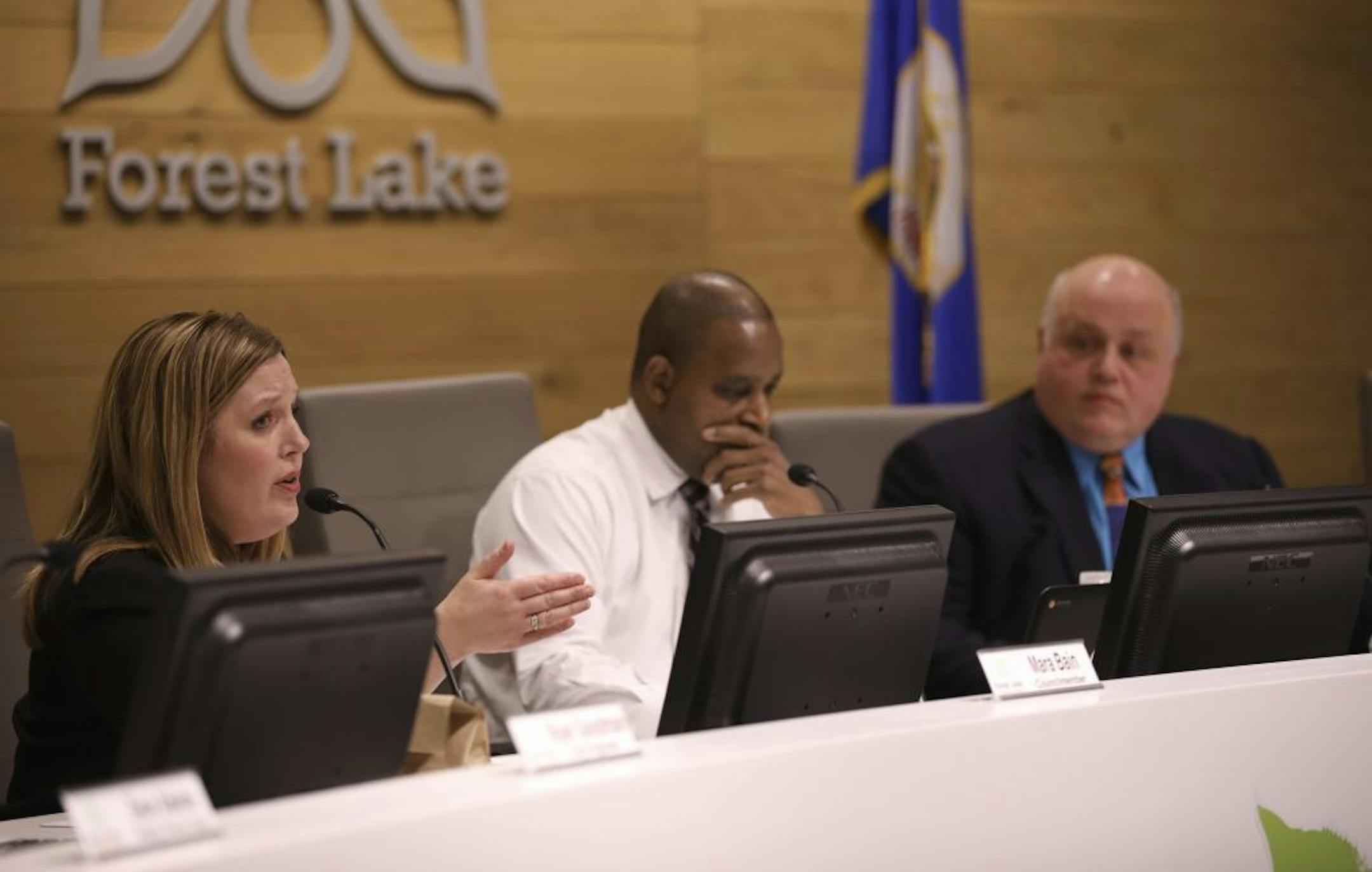 During discussion by Forest Lake City Council about the amendment, Council Member Mara Bain spoke in support of the change. Council Member Mike Freer, center, and Mayor Ben Winnick opposed the amendment.