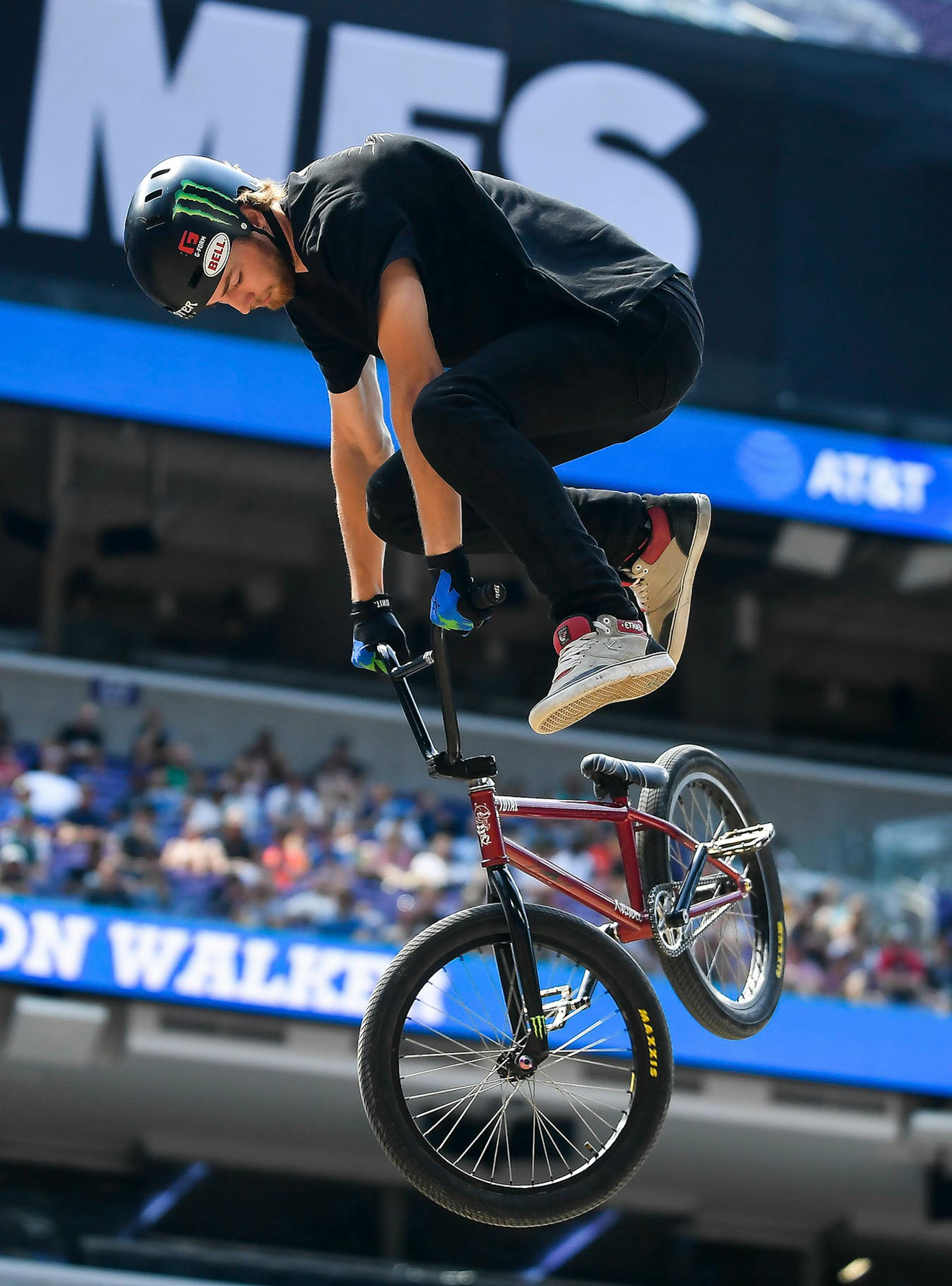 Colton Walker competed in his third jump in the BMX dirt finals Sunday. He won gold in the event.