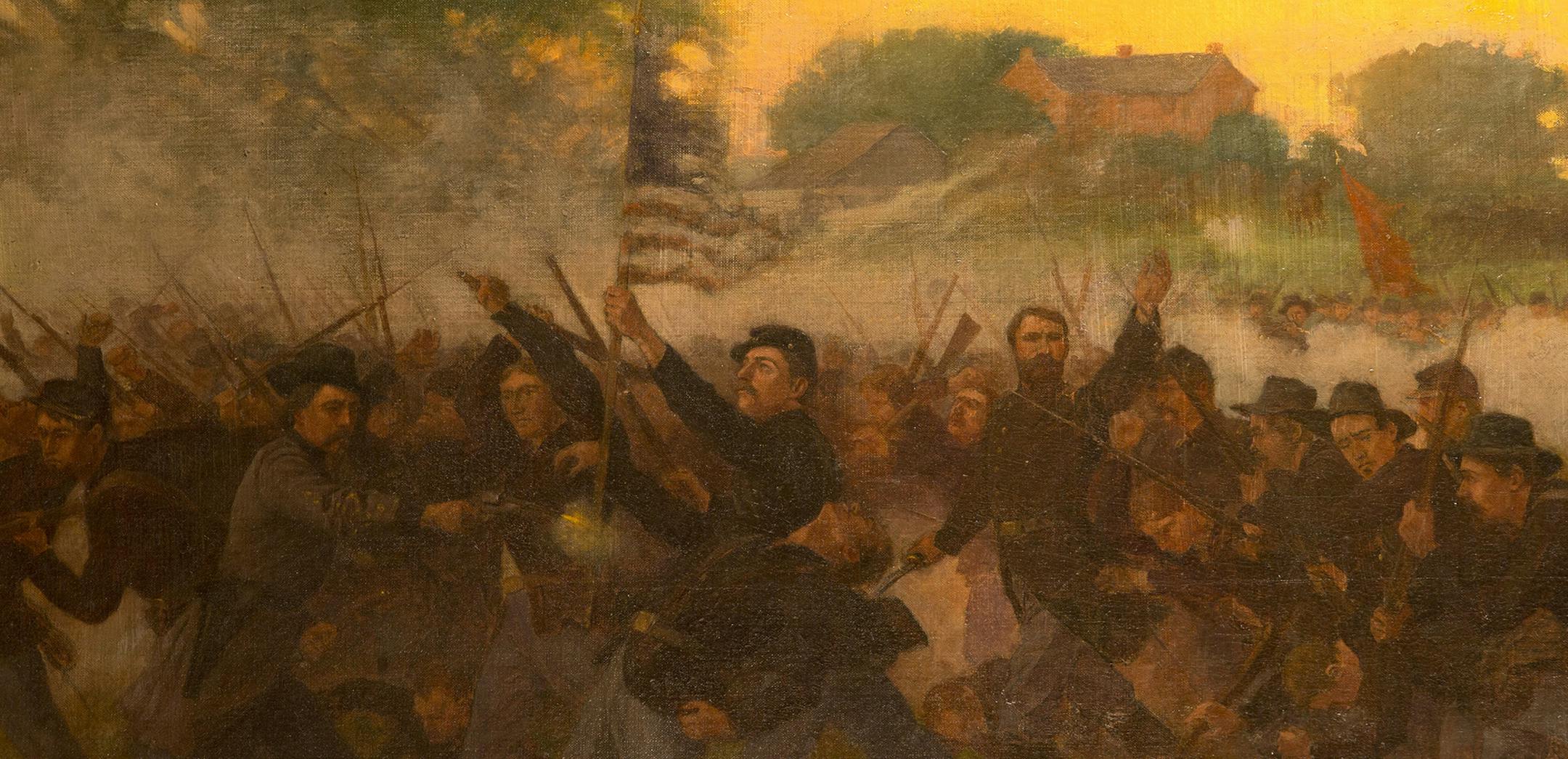 There is a painting in the Governor's Reception Room at the Minnesota State Capitol that depicts the First Minnesota Volunteer Regiment's historic firefight on July 2, 1863 in the Battle of Gettysburg. Ordered to charge down Cemetery Ridge, the regiment successfully stopped the advance of a Confederate brigade that was nearly six times larger and threatened to break through the Union-held line. Of the 262 men ordered forward to buy time until reinforcements could arrive, 220 were either killed o