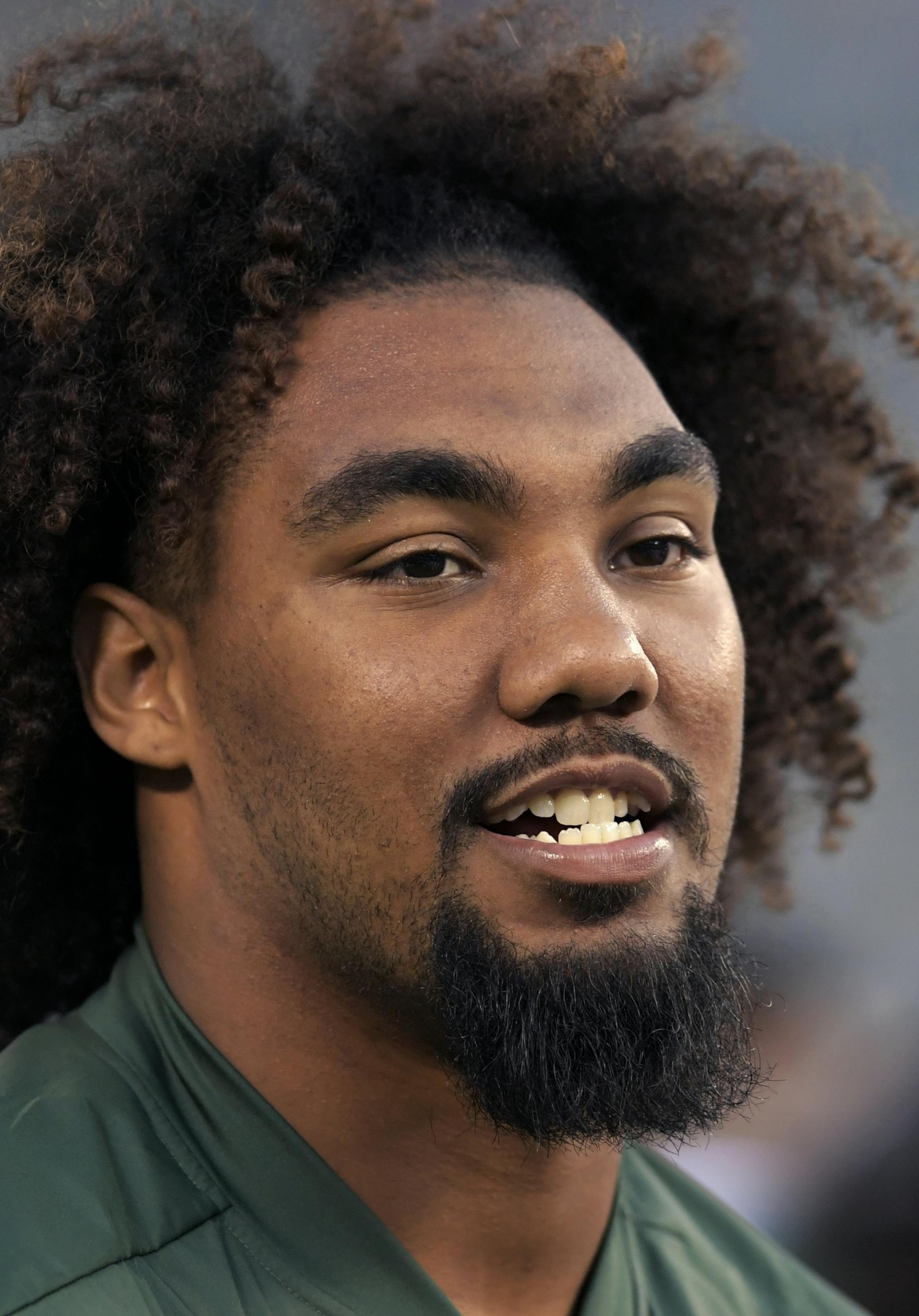 FILE - In this Thursday, Aug. 31, 2017, file photo, New York Jets nose tackle Leonard Williams looks on from the bench during the first half of an NFL football game against the Philadelphia Eagles, in East Rutherford, N.J. The Jets first regular season game is against the Buffalo Bills on Sunday, Sept. 10. (AP Photo/Bill Kostroun, File) ORG XMIT: NYAG109