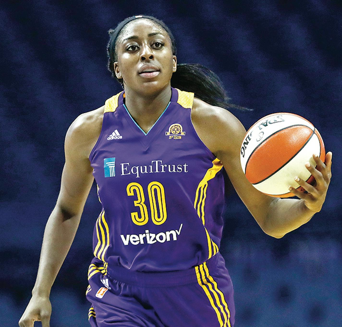 Los Angeles Sparks forward Nneka Ogwumike brings the ball up court against the Chicago Sky during the first half of Game 4 of the WNBA basketball semifinals, Tuesday, Oct. 4, 2016, in Rosemont, Ill. (AP Photo/Kamil Krzaczynski)