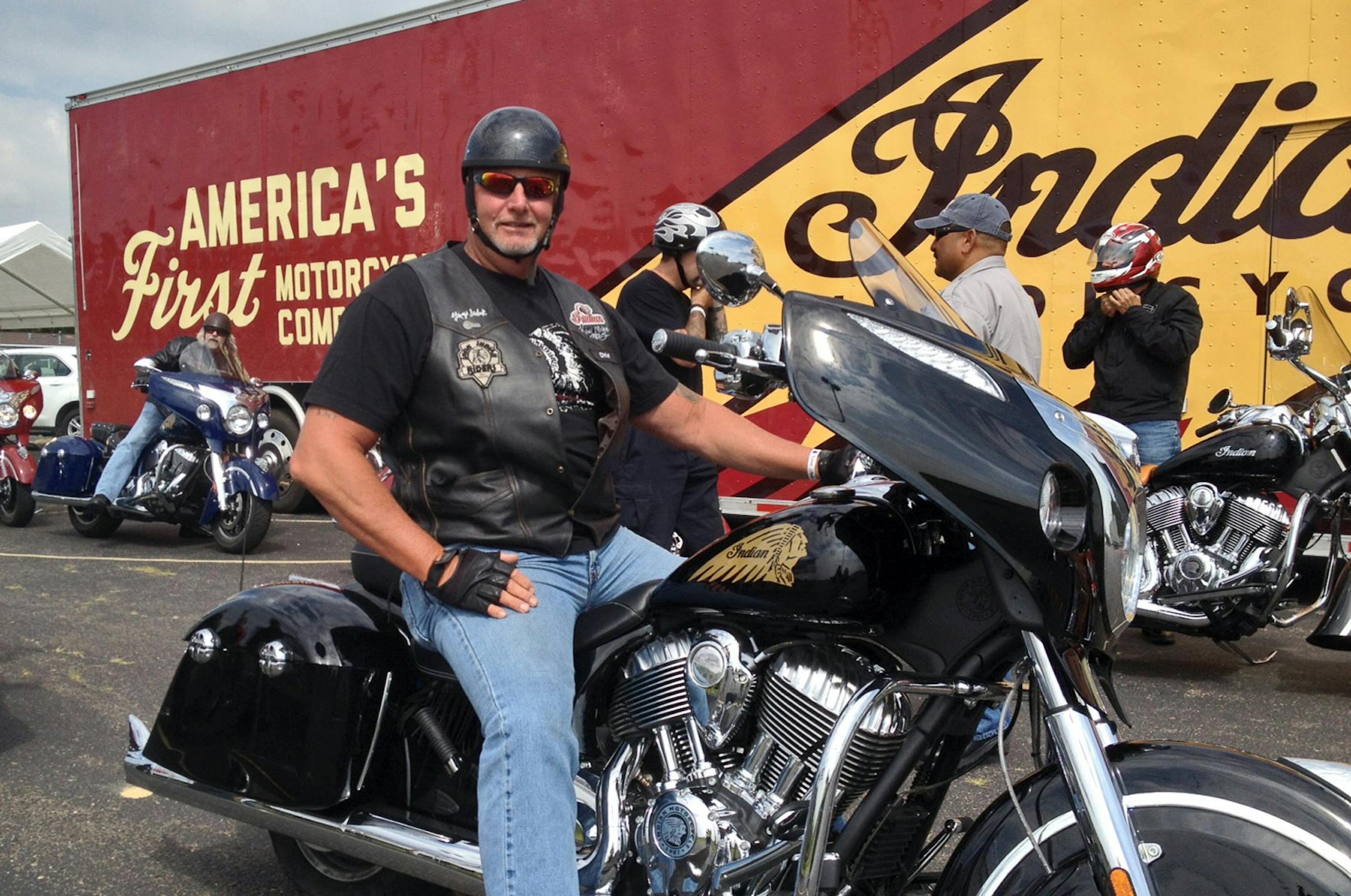 Rick Lossner drove here from Dallas to buy one of Polaris' 2014 Indian bikes. He placed his order for the model in this photo. He bought it from Indian Motorcycle of the Twin Cities, which is hosting five days of demo rides for the public. (The dealer is his friend and the only Indian dealer in the state of Mn.)