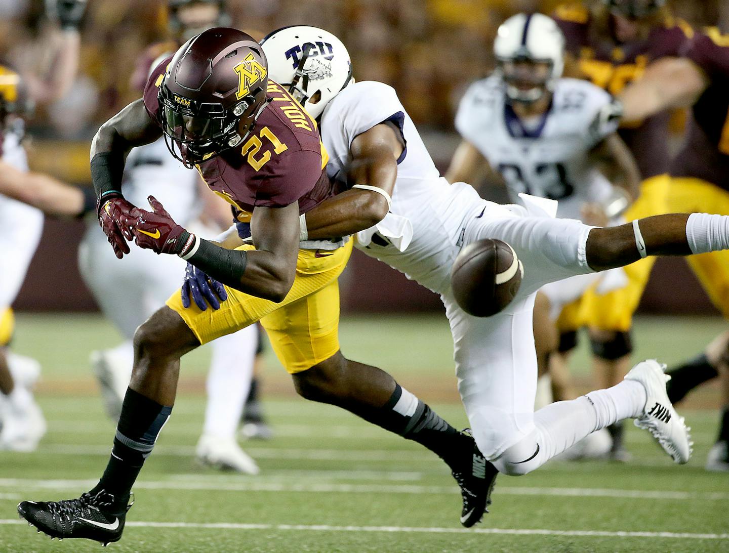 Minnesota Gophers wide receiver Melvin Holland Jr. missed a grab as he was being defended by TCU&#x2019;s safety Nick Orr.