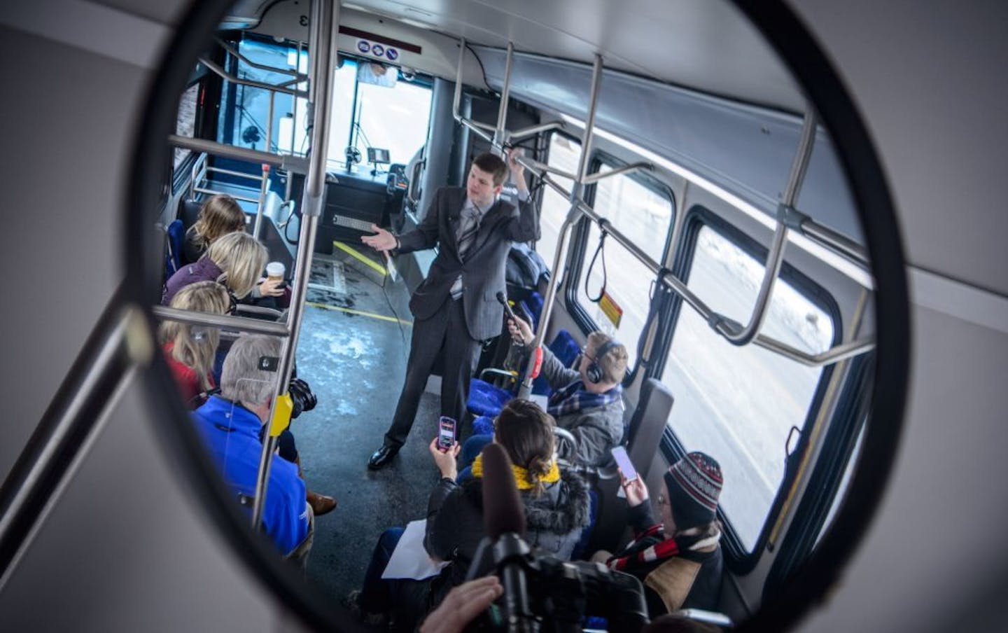 Charles Carlson, senior manager for Bus Rapid Transit gave reporters a rour of the new bus line.