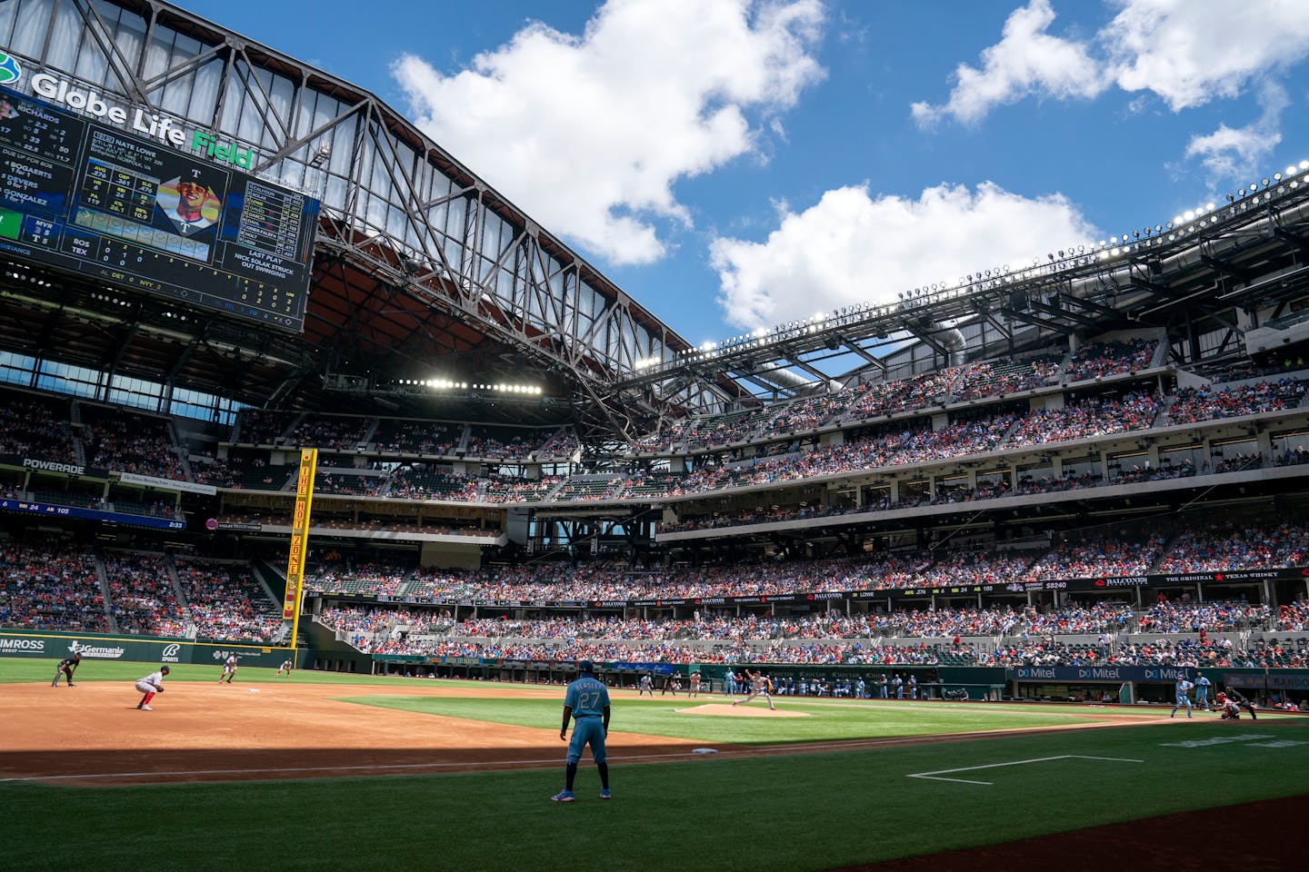 Boston Red Sox starting pitcher Garrett Richards works against the Texas Rangers in Globe Life Field during the third inning of a baseball game Sunday, May 2, 2021, in Arlington, Texas. (AP Photo/Jeffrey McWhorter)