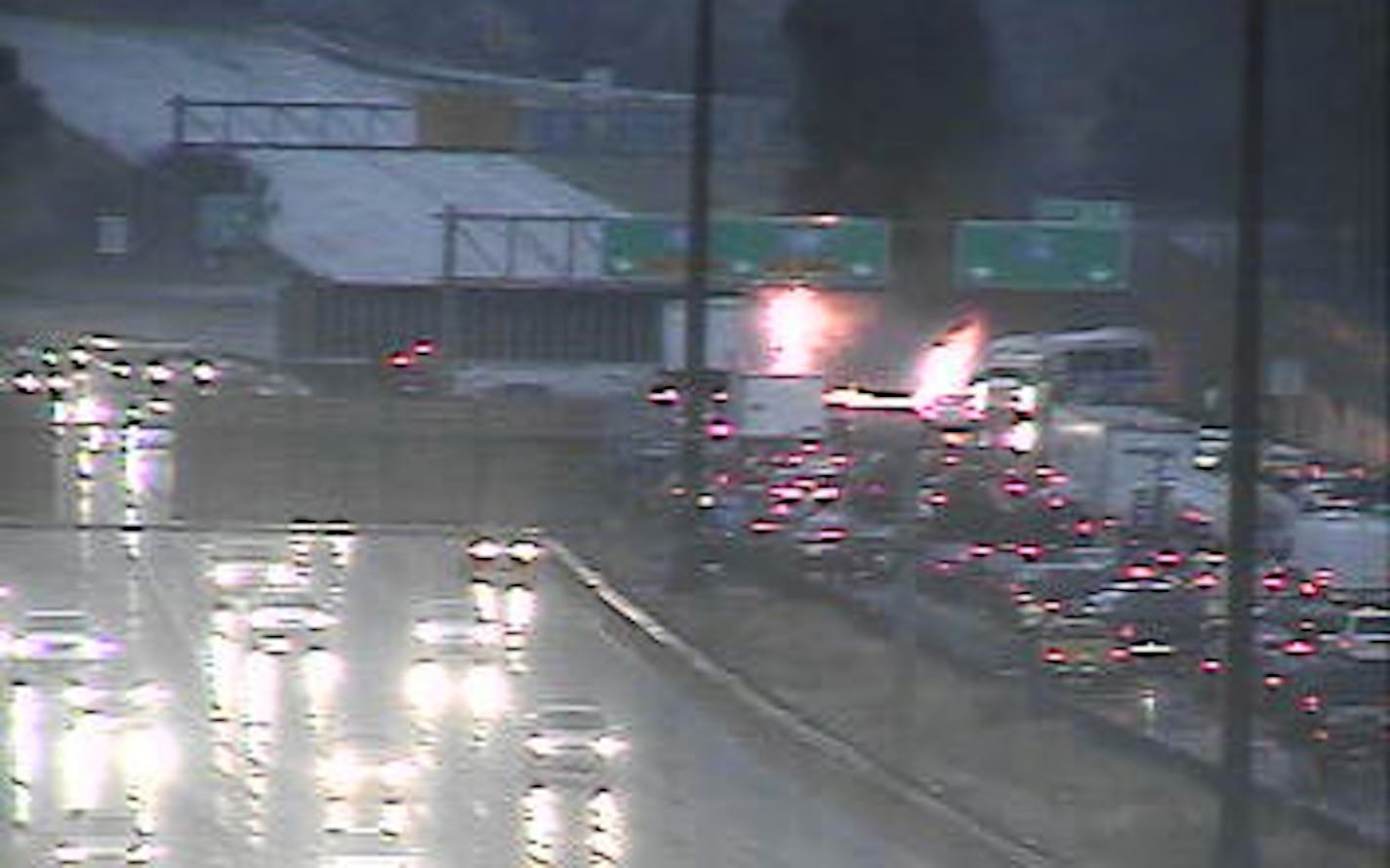 Traffic on I-35W was blocked at Hwy. 36 after a fiery crash involving a bus and two semis.