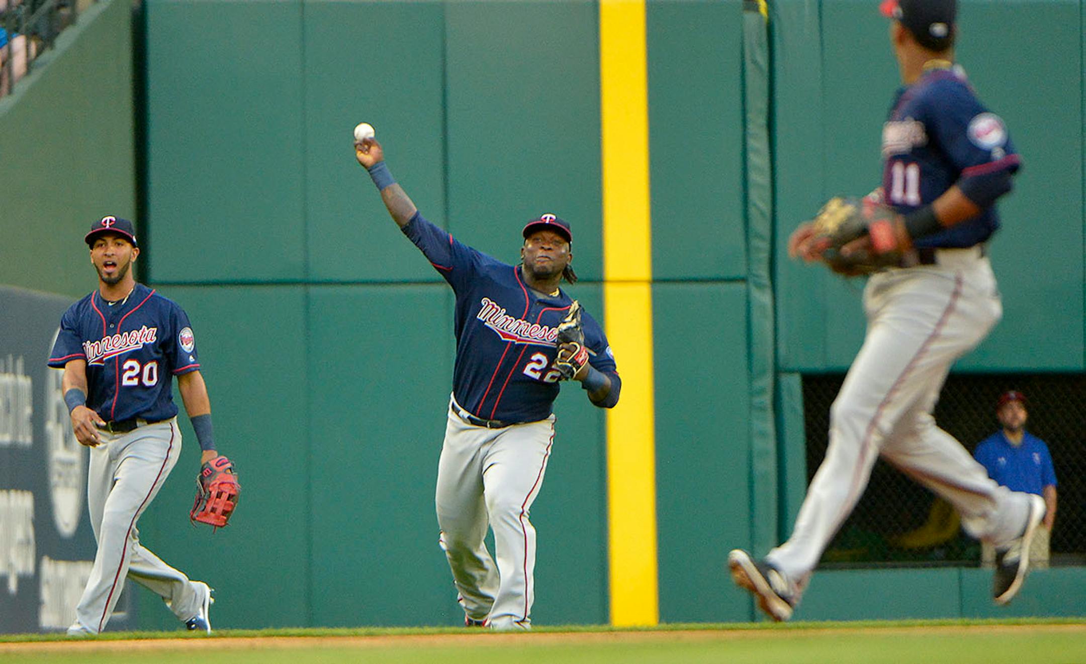 Minnesota Twins third baseman Miguel Sano (22) catches a Texas Rangers third baseman Joey Gallo (13) fly ball during the second inning at Globe Life Park Monday, April 24, 2017 in Arlington, Texas.