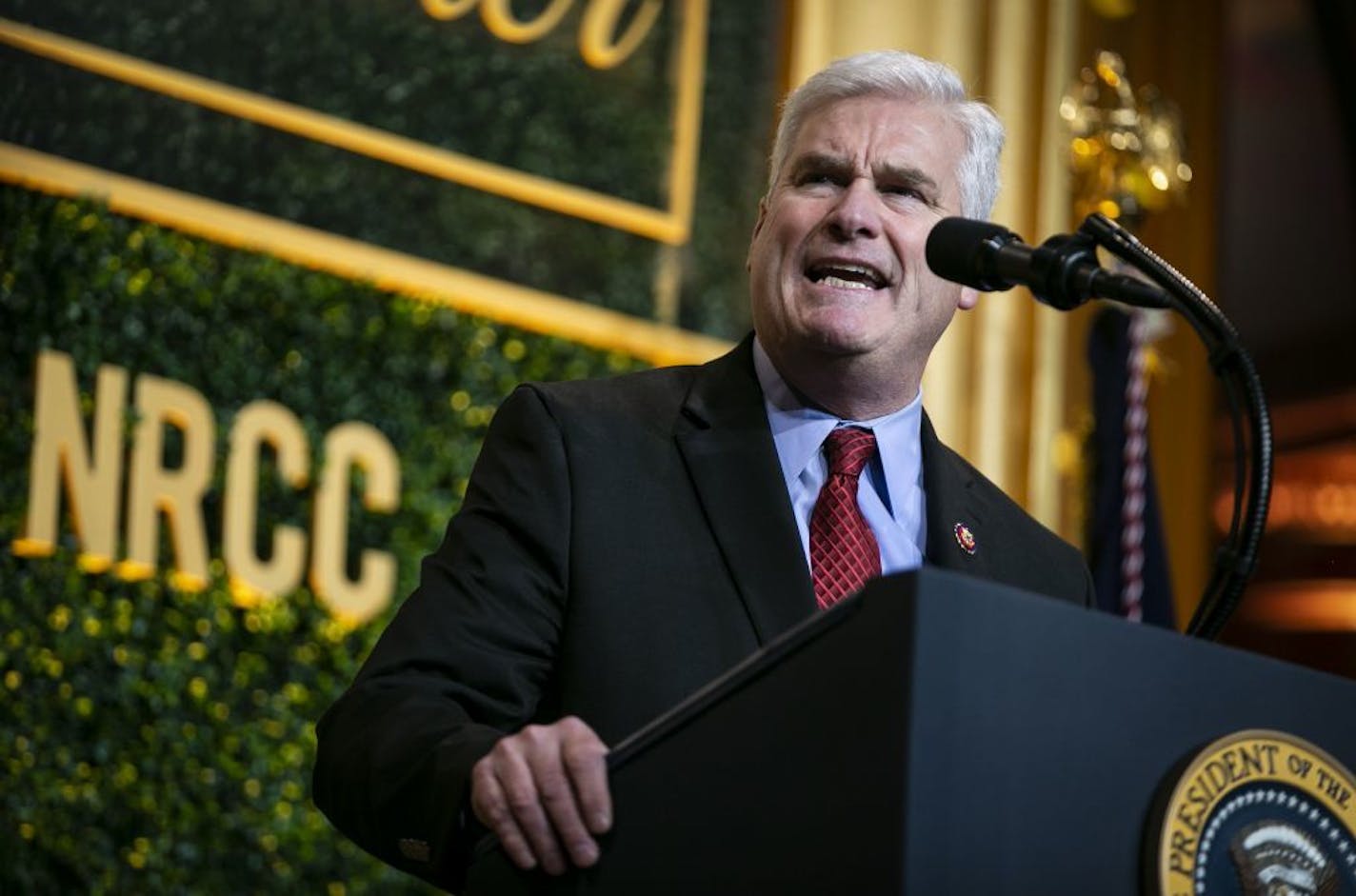 FILE -- Rep. Tom Emmer (R-Minn.), chairman of the National Republican Congressional Committee, addresses the committee's spring dinner, in Washington, April 2, 2019. Under Emmer, the committee has mimicked President Donald Trump's style of taunts and name-calling in attacking its political opponents.