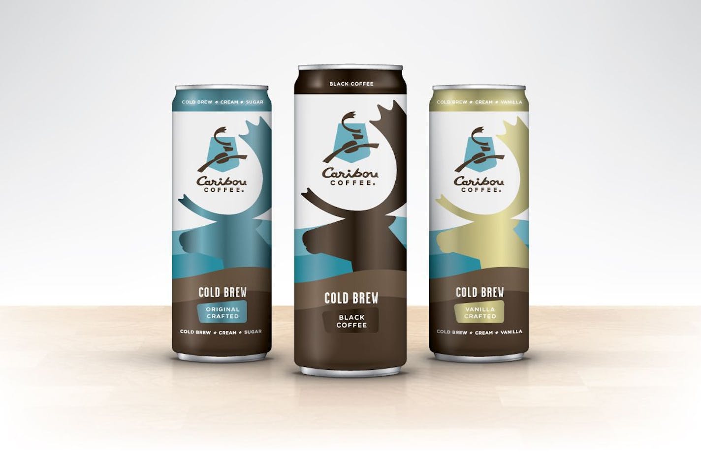 Starting Thursday, Caribou Coffee will offer an 11.5-ounce cold-brewed black coffee can, center, at more than 300 company-owned U.S. locations. The "original crafted" and "vanilla crafted" flavors will be available in the fall. Each can will retail for $3.49.