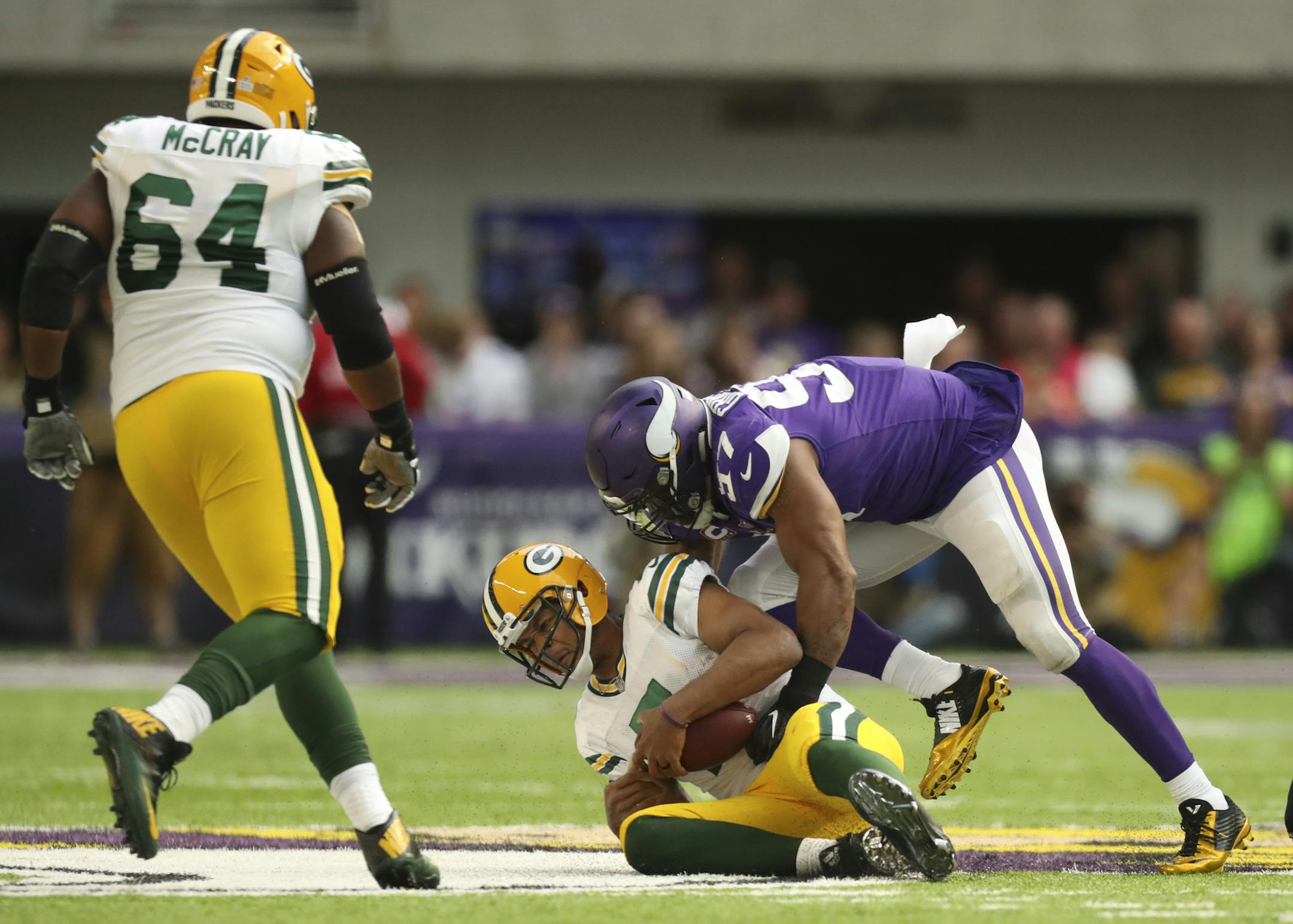 Minnesota Vikings defensive end Everson Griffen (97) sacked Green Bay Packers quarterback Brett Hundley (7) for a six yard loss in the fourth quarter. ] JEFF WHEELER ï jeff.wheeler@startribune.com The Minnesota Vikings beat the Green Bay Packers 23-10 in an NFL football game Sunday afternoon, October 15, 2017 at U.S. Bank Stadium in Minneapolis.