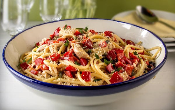 Bucatini pasta with lemon, tuna and capers is a simple dish to prepare for Mom on Mother&#x2019;s Day.