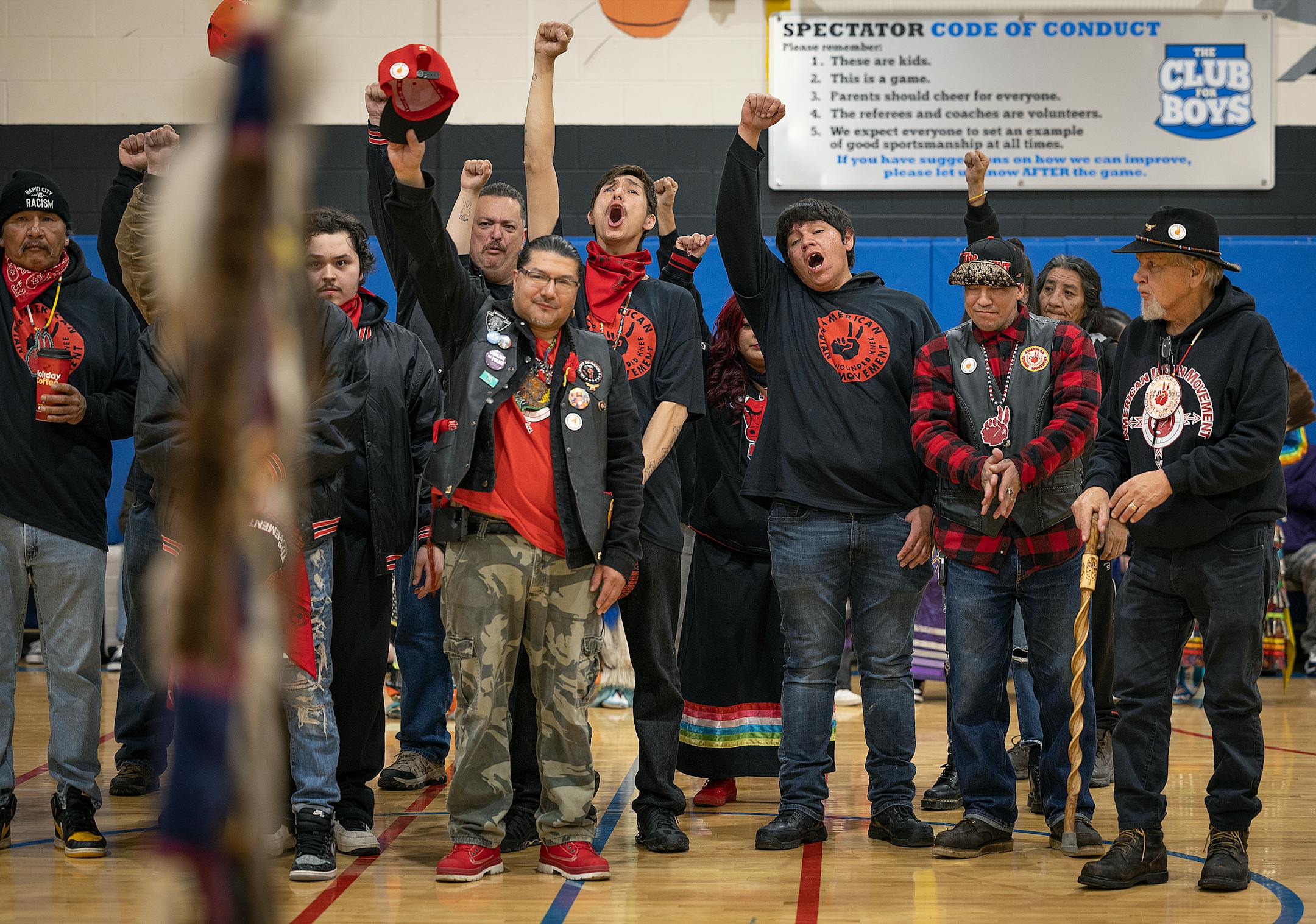 AIM members are honored during the Grand Entry of a Pow Wow to honor the 50th Anniversary of the AIM Warriors of Wounded Knee of 1973 in Rapid City, SD.