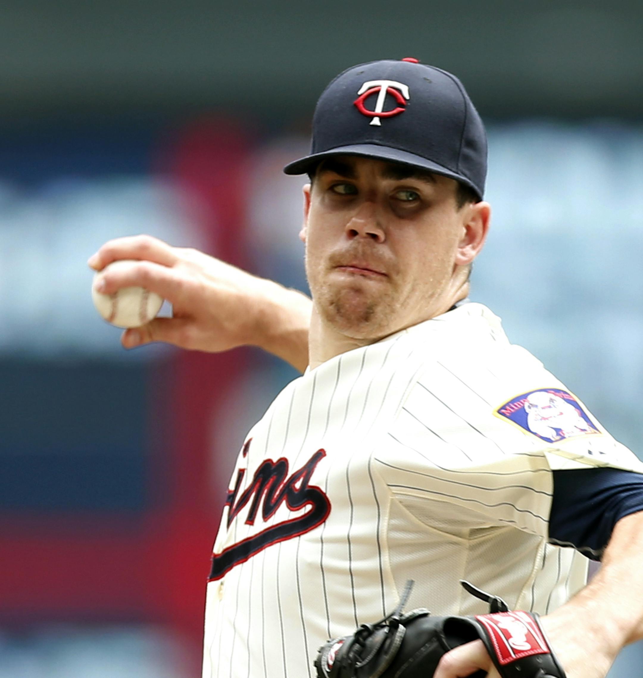 Minnesota Twins pitcher Trevor May throws against the Chicago Cubs in the first inning of a baseball game, Saturday, June 20, 2015, in Minneapolis. (AP Photo/Jim Mone) ORG XMIT: MNJM101
